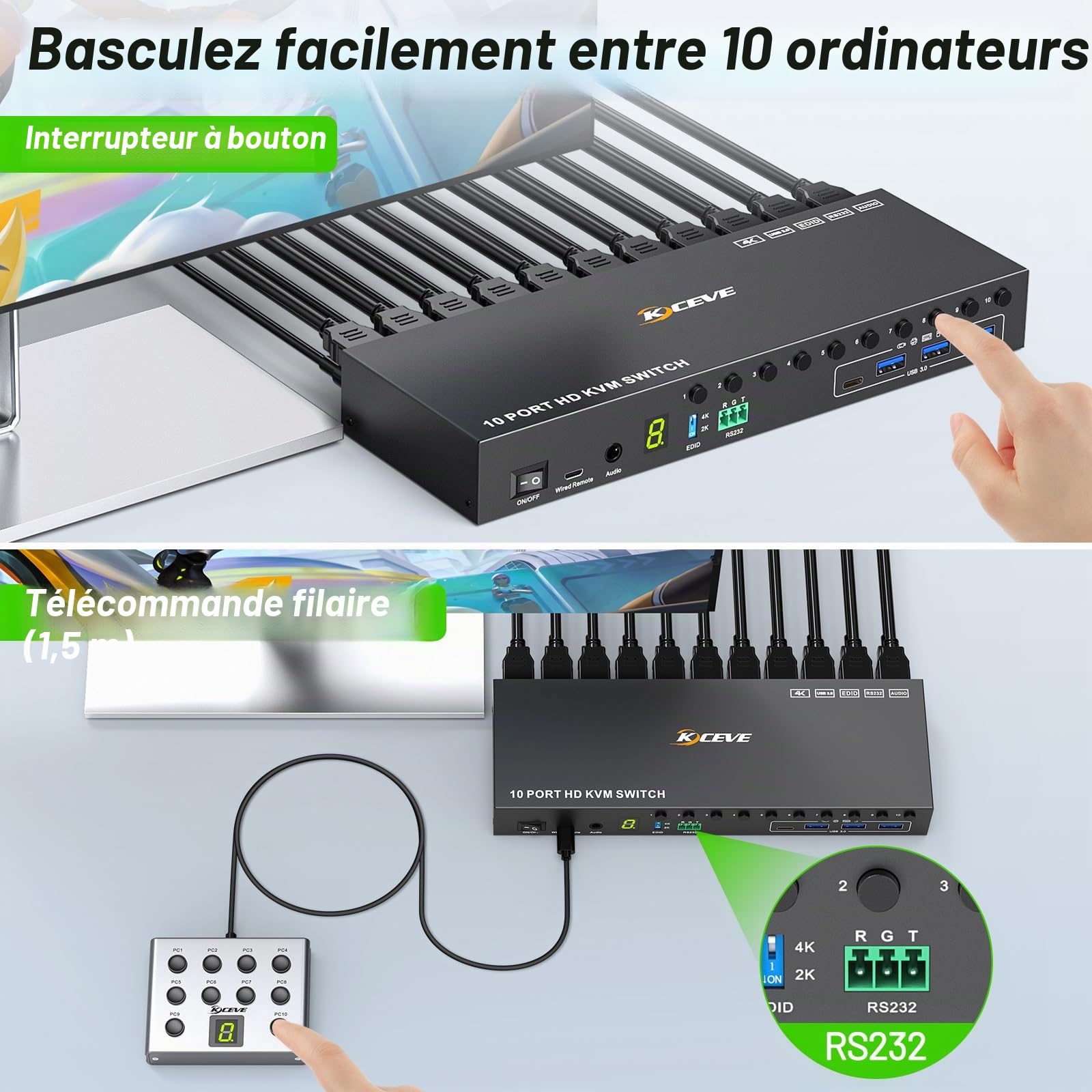 10 PC 8 PC HDMI KVM Switch 4K@60Hz EDID Analogique, 10 Port Commutateur KVM HDMI USB 3.0 pour 10 PC Partager 4 Périphériques USB et 1 Moniteur, Audio, RS232,Avec câble USB 10,Contrôleur de Bureauet