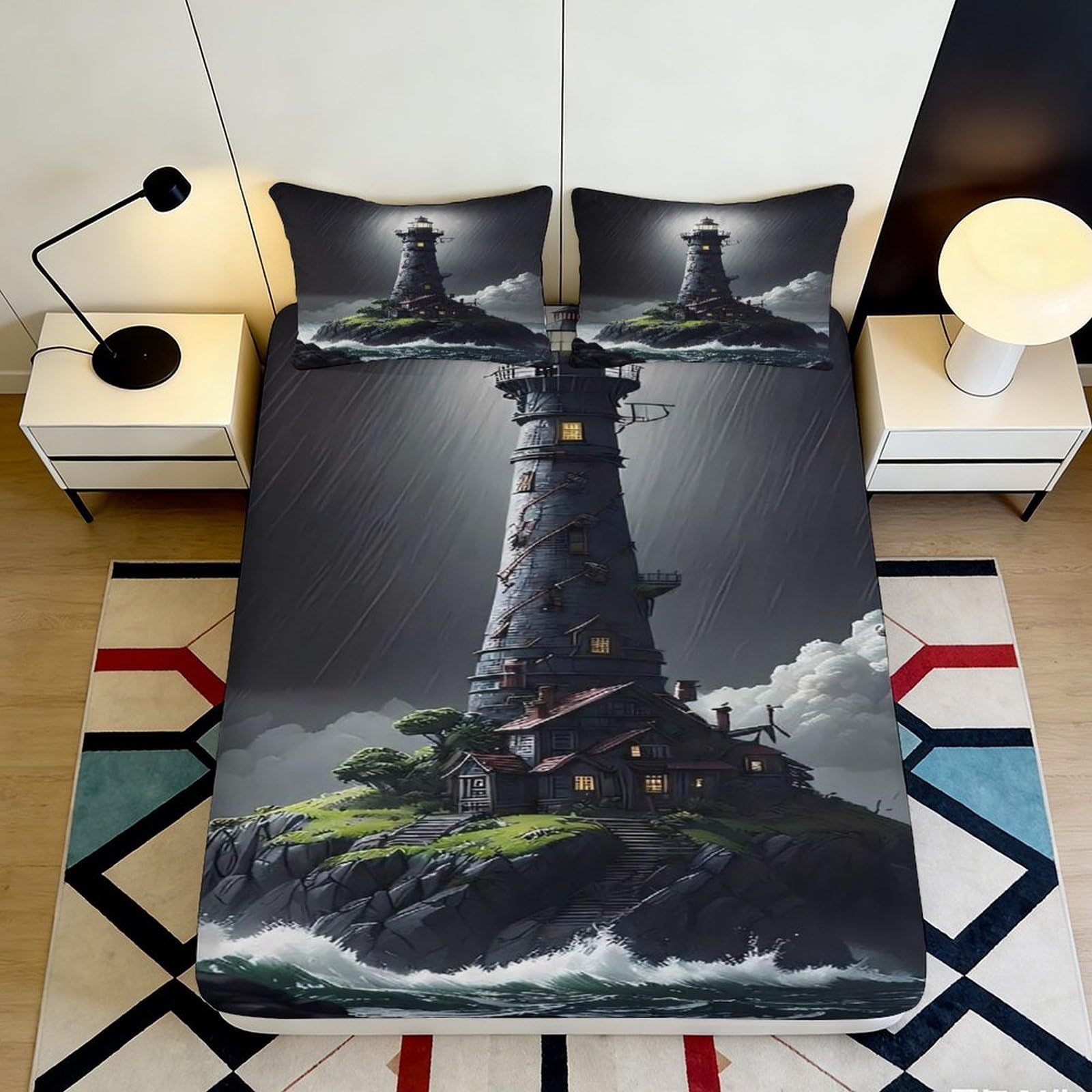 3D Printed Storm Lighthouse Fitted Sheet Microfiber Artistic Ocean Bed Cover for Bedroom Guest Room Decor 90x200x25cm