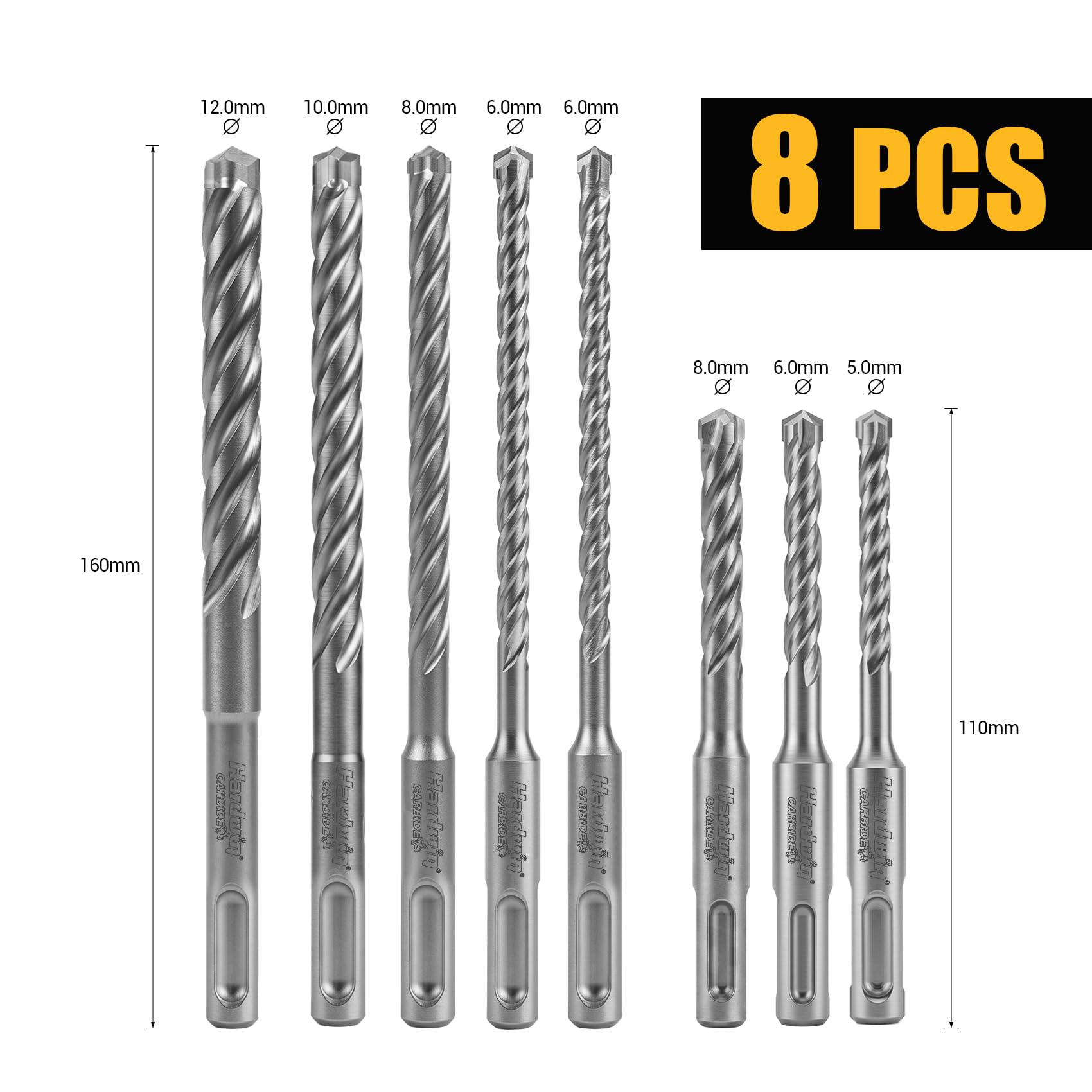 SDS Plus - Juego de brocas para martillo perforador (8 piezas, 4 cortadores con cabeza de carburo macizo, diámetro de 5 a 12 mm, para hormigón armado y hierro de refuerzo)