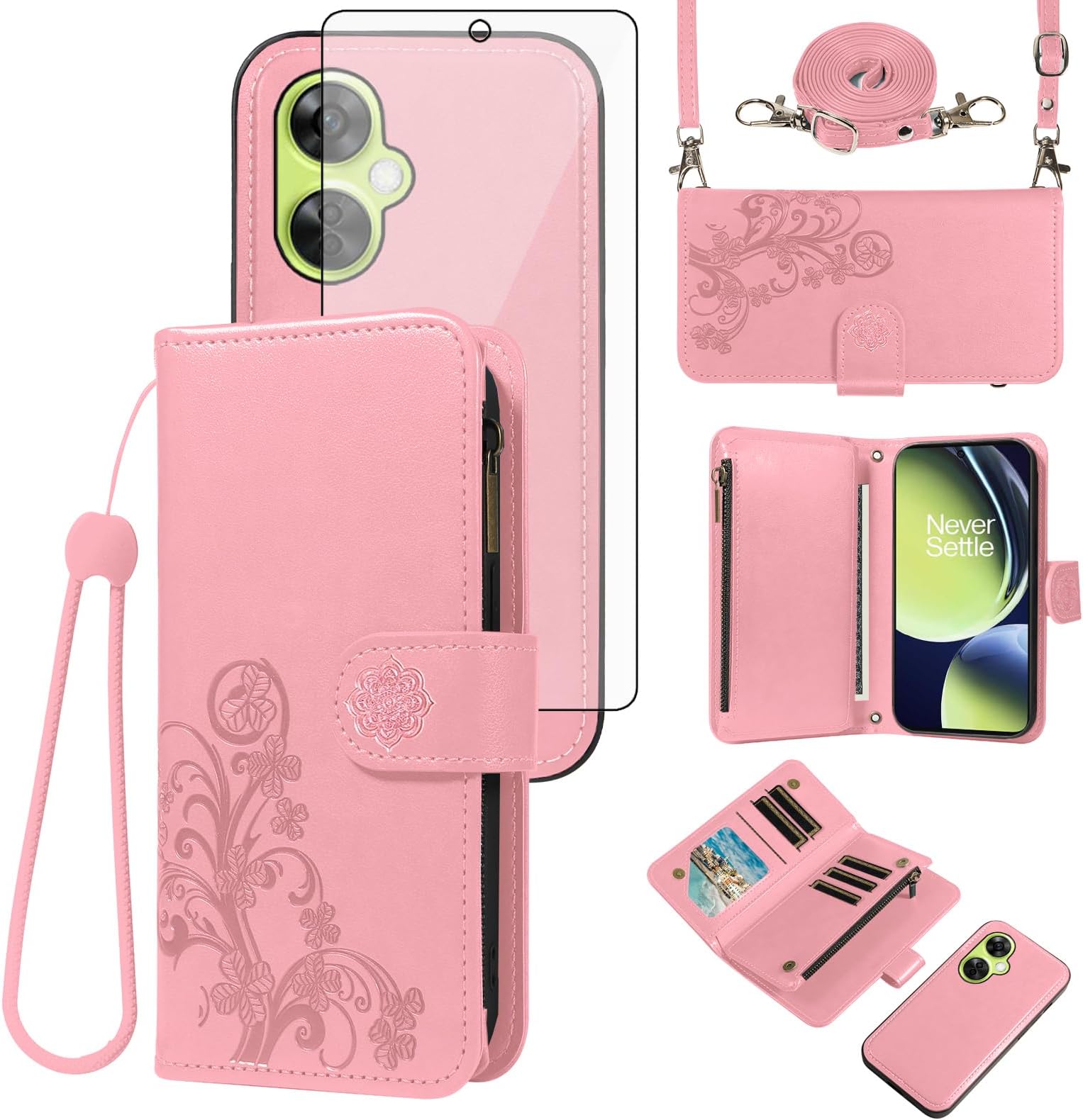 Phone Case for OnePlus Nord N30 5G/CE 3 Lite Zipper Wallet Detachable Cell Cover with Tempered Glass Screen Protector Strap Flower Card Holder OPPO K11x/One Plus 1 1+ N 30/CE3 Women Girls Pink