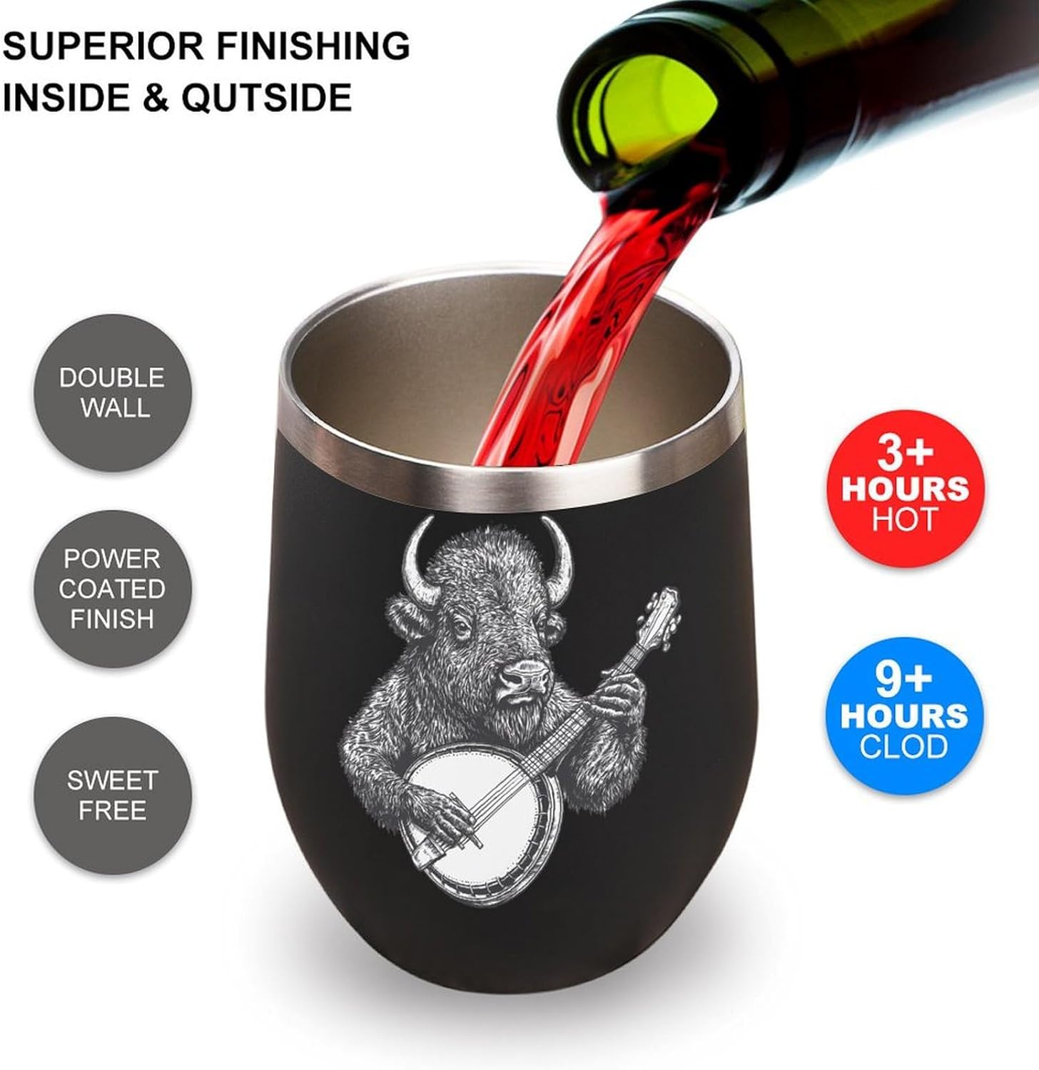 Banjo Bison Coffee Travel Mug Cup Insulated Tumbler Stainless Steel with Flip Lid One Size