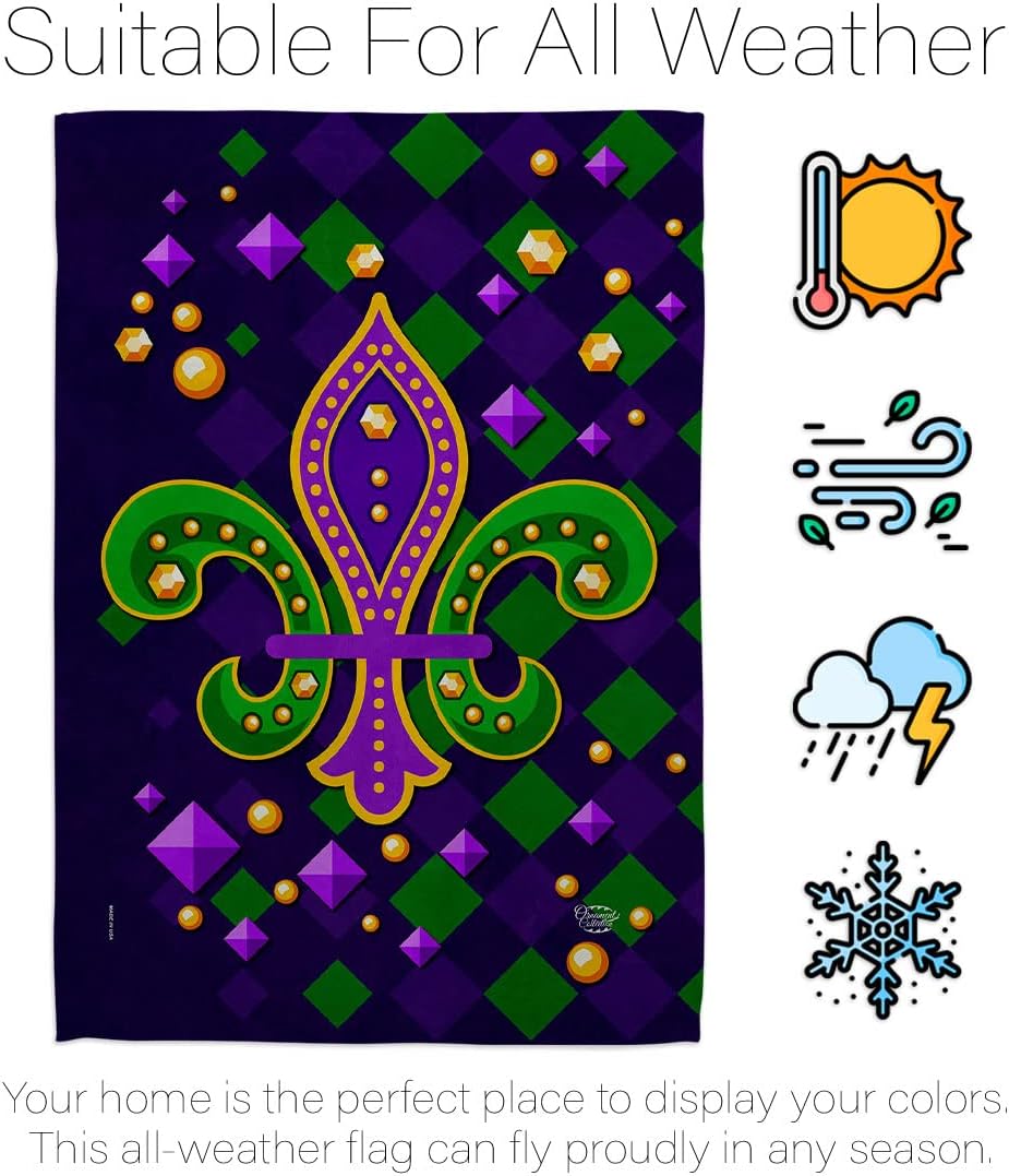 Diamond Fleur de Lis House Flag - Springtime Mardi Gras Carnival Festival Masquerade Celebration Season Holiday French - Decoration Banner Small Garden Yard Gift Double-Sided Made In USA 28 X 40