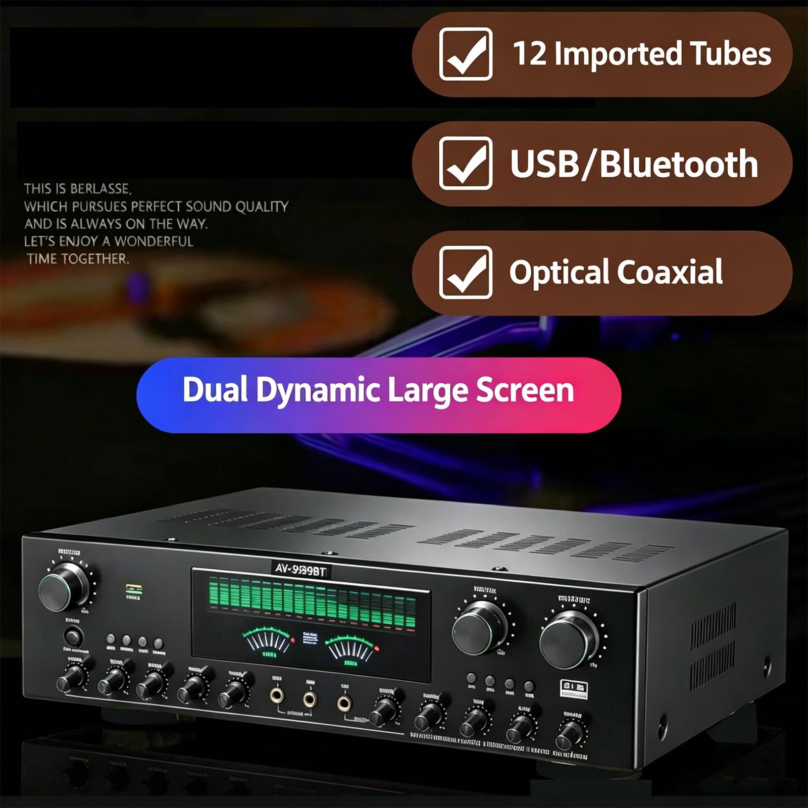 Wzmacniacz audio stereo 7.1, wzmacniacz Bluetooth 6.0 HiFi z podwójnym dynamicznym ekranem, obsługa wejścia DVD/CD/AUX, radio FM, regulacja głośności, do głośników domowych i karaoke