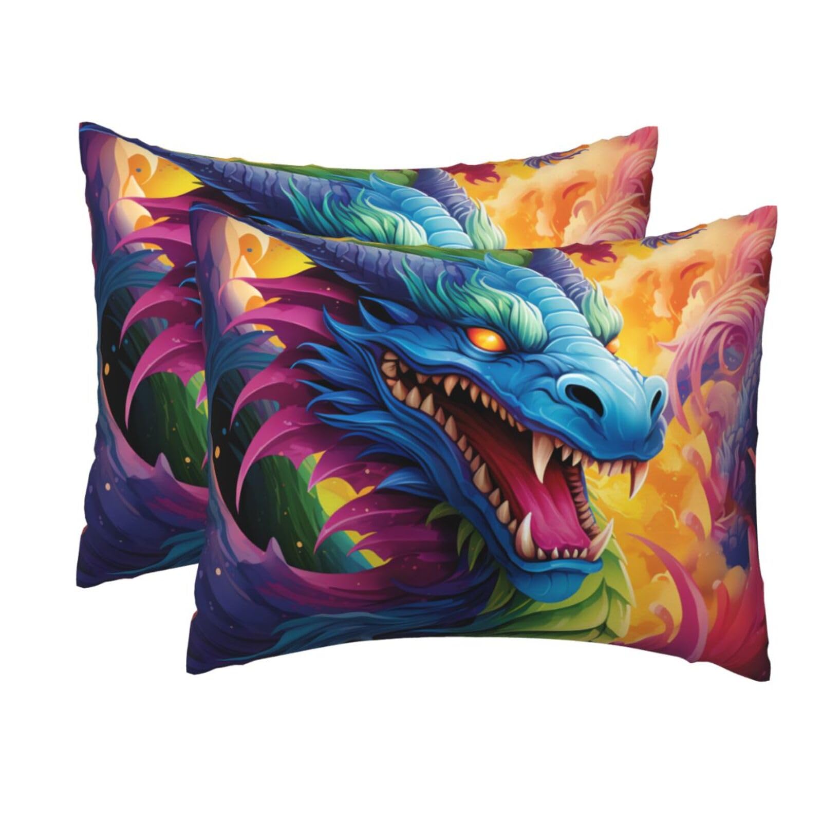 2 Pack Standard Size Pillow Cases for Hair and Skin Soft Breathable Pillow Case Covers with Hidden Zipper Colorful of Dragons Pillowcase 20x26 Inches Pillow Cover for Sleeping Gift