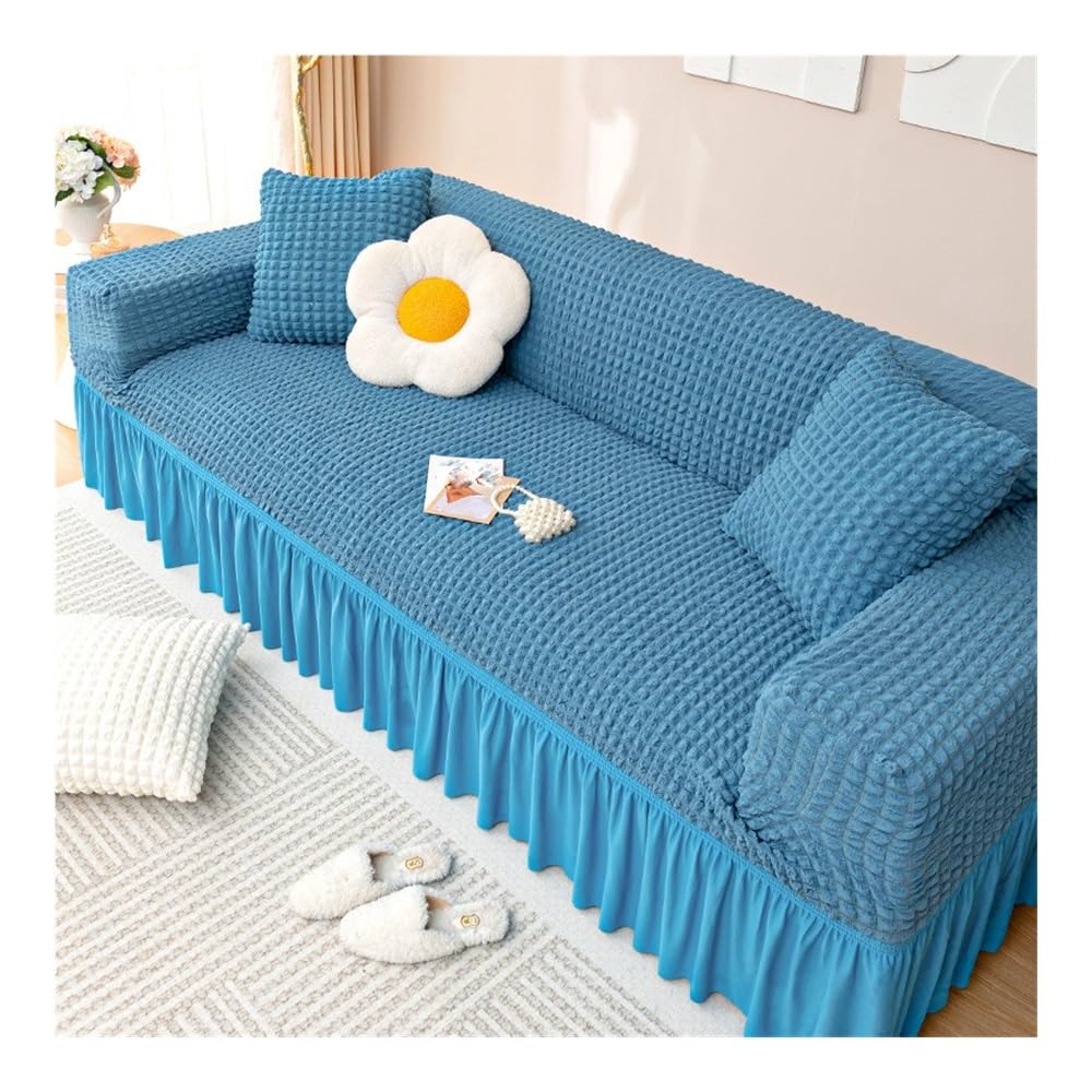 Housse de canapé en seersucker extensible bleu 2 places pour salon