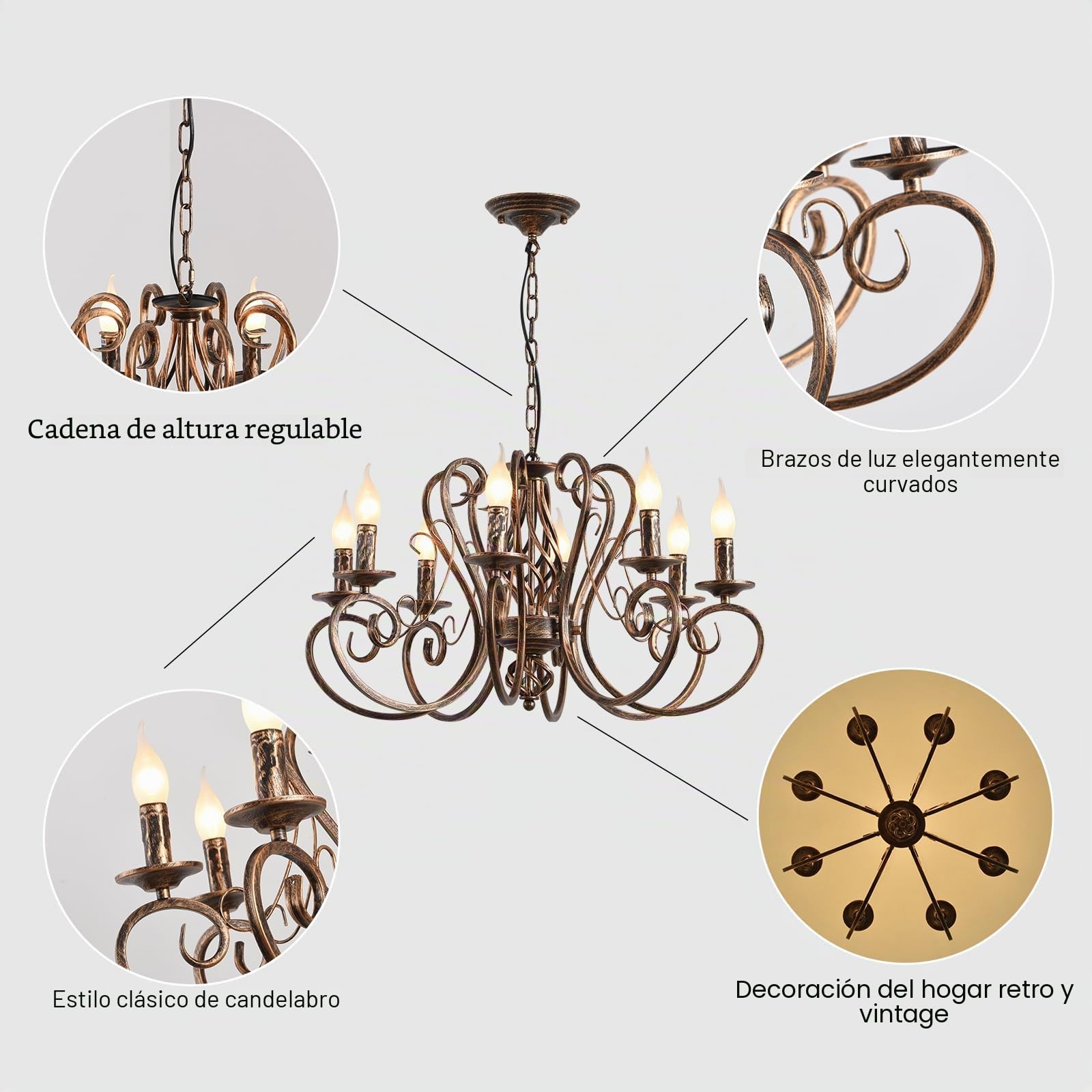 Ganeed Candelabros, Candelabro colgante de país francés de 8 luces, Lámpara colgante de metal rústico vintage Iluminación colgante ajustable, Luz de sala de estar, Candelabro de cocina