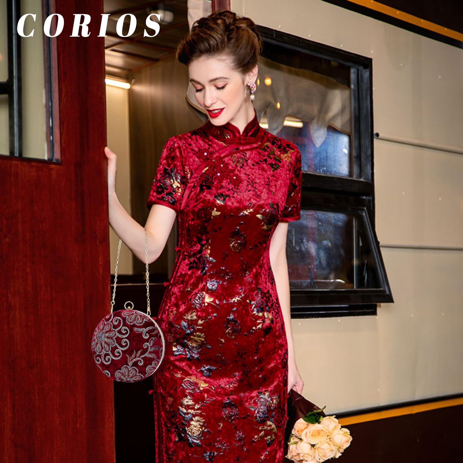 CORIOS Bolso de Fiesta para Mujer Terciopelo Clutch Redonda Cartera de Mano Bolso de Noche Bolsa de Cadena Bolsos Bandolera Elegante Bolso de Hombro para Fiesta de Graduación Banquete Boda Rojo