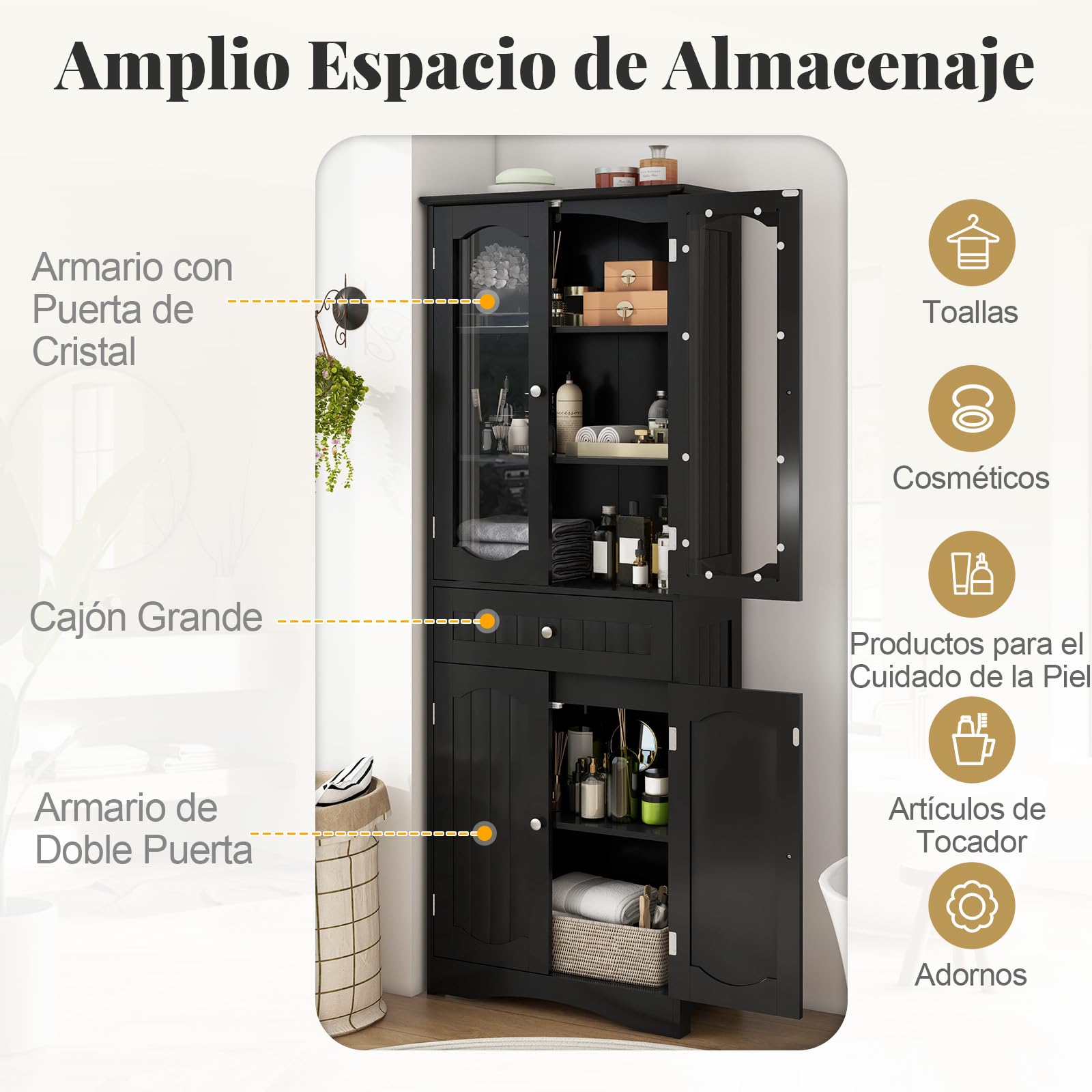 GOPLUS Armario de Baño Alto de 160 CM, Armario de Almacenamiento Independiente con Puertas de Vidrio Templado, Estantes Ajustables y Cajón Grande, Organizador Estrecho para Cocina (Negro)