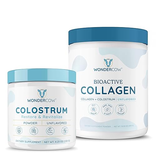 WONDERCOW Polvo de calostro entero + péptidos de colágeno pirdolizados para la salud intestinal, apoyo inmunológico y apoyo para el cabello, la piel