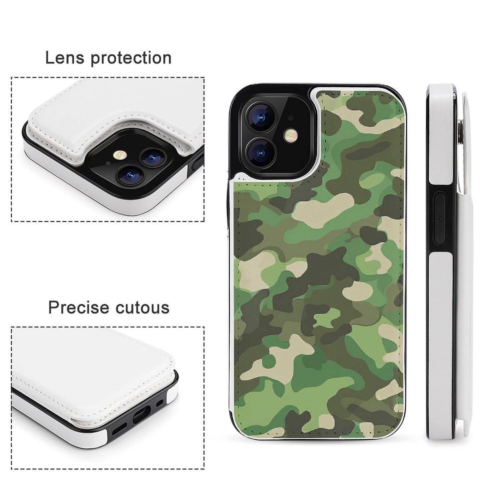 Fundas tipo cartera para iPhone 12, funda de piel con tapa y ranuras para tarjetas con estampado de camuflaje verde