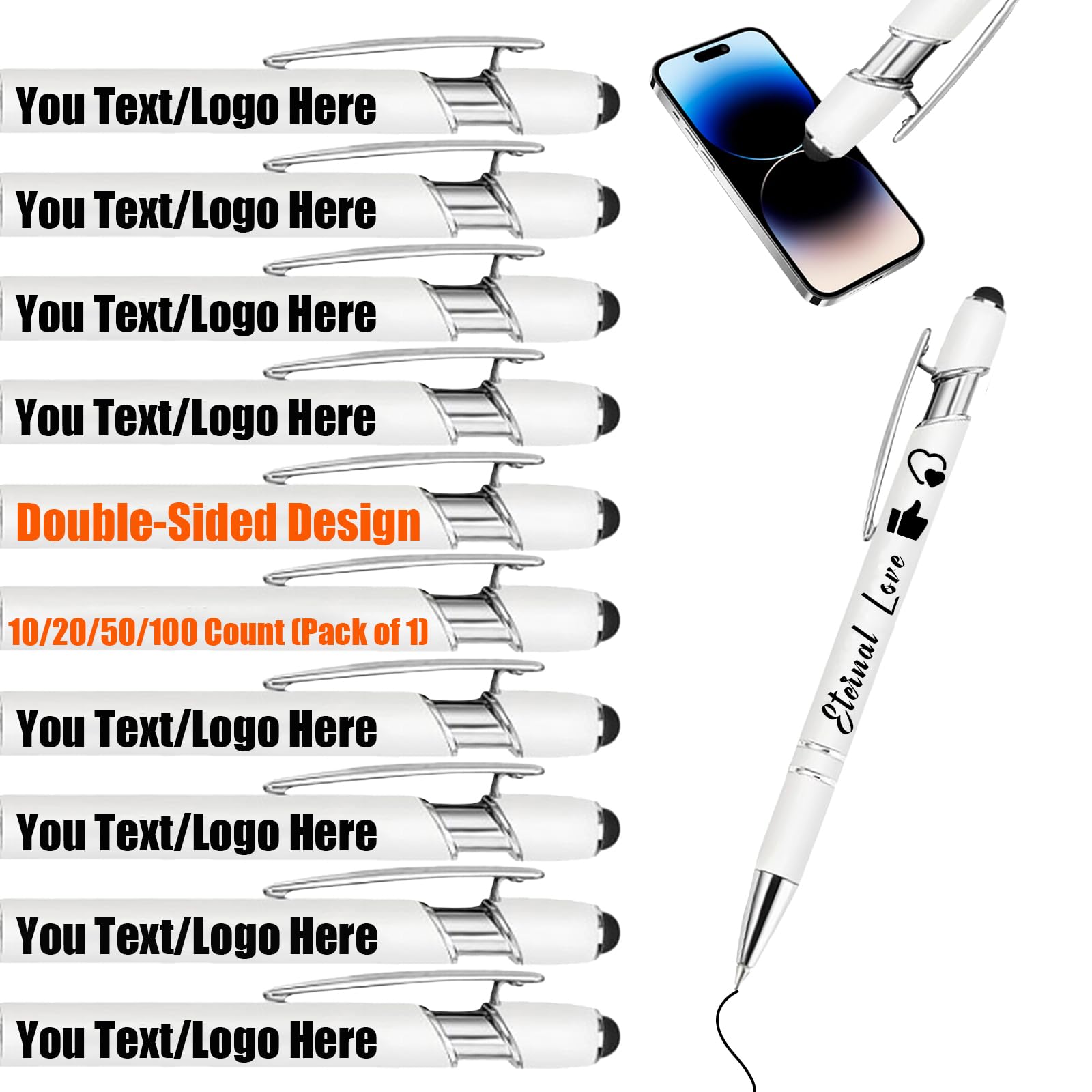 Personalised Gel Ink Rollerball Pens Bulk, Retractable Ballpoint Pens, Customised Laser Engraved Stylus with Name,Text,Logo Metal Ballpoint Pen Gift for Office Business School White 100 PC โ image 1