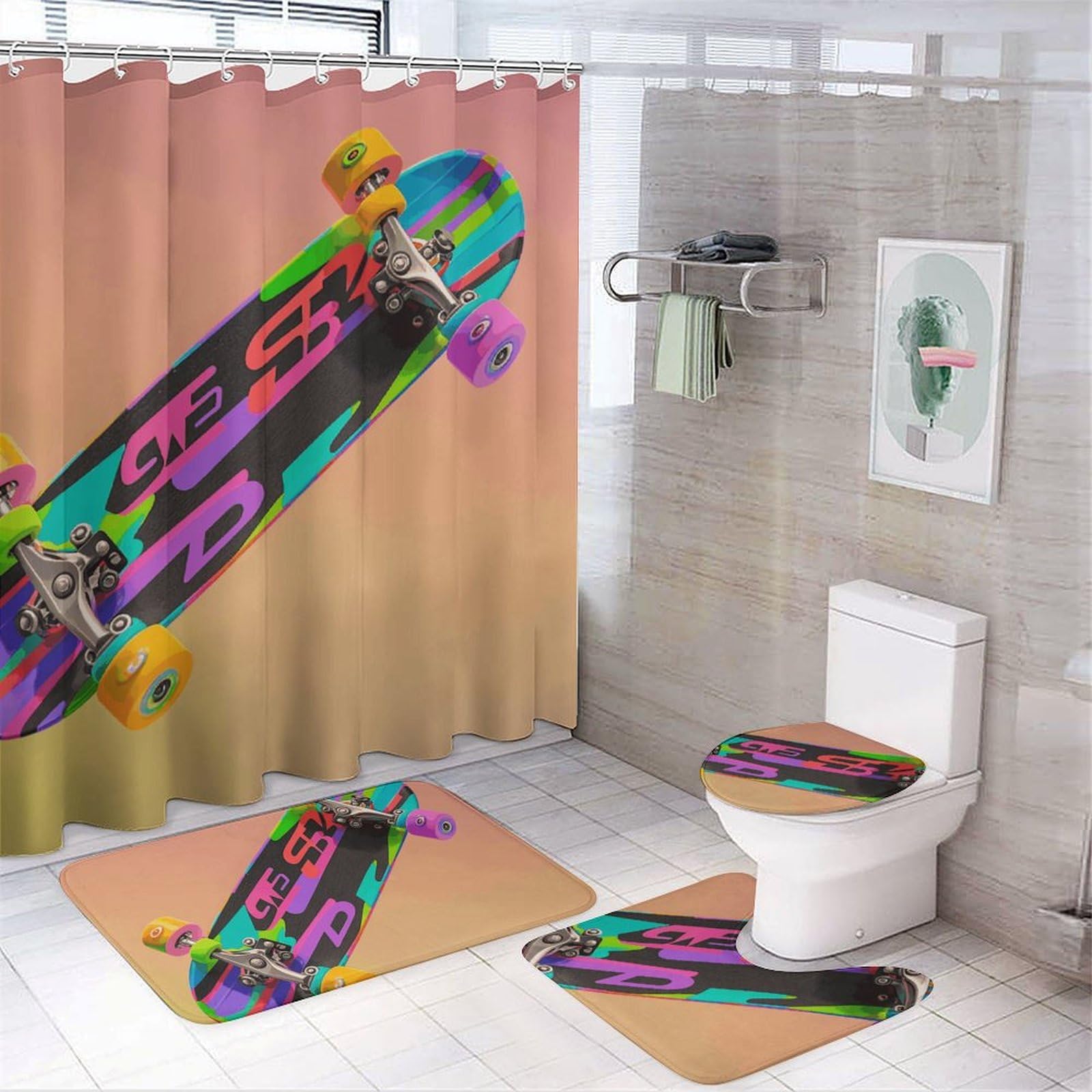 Rideau de douche colorés 3D imperméable avec tapis de bain antidérapant