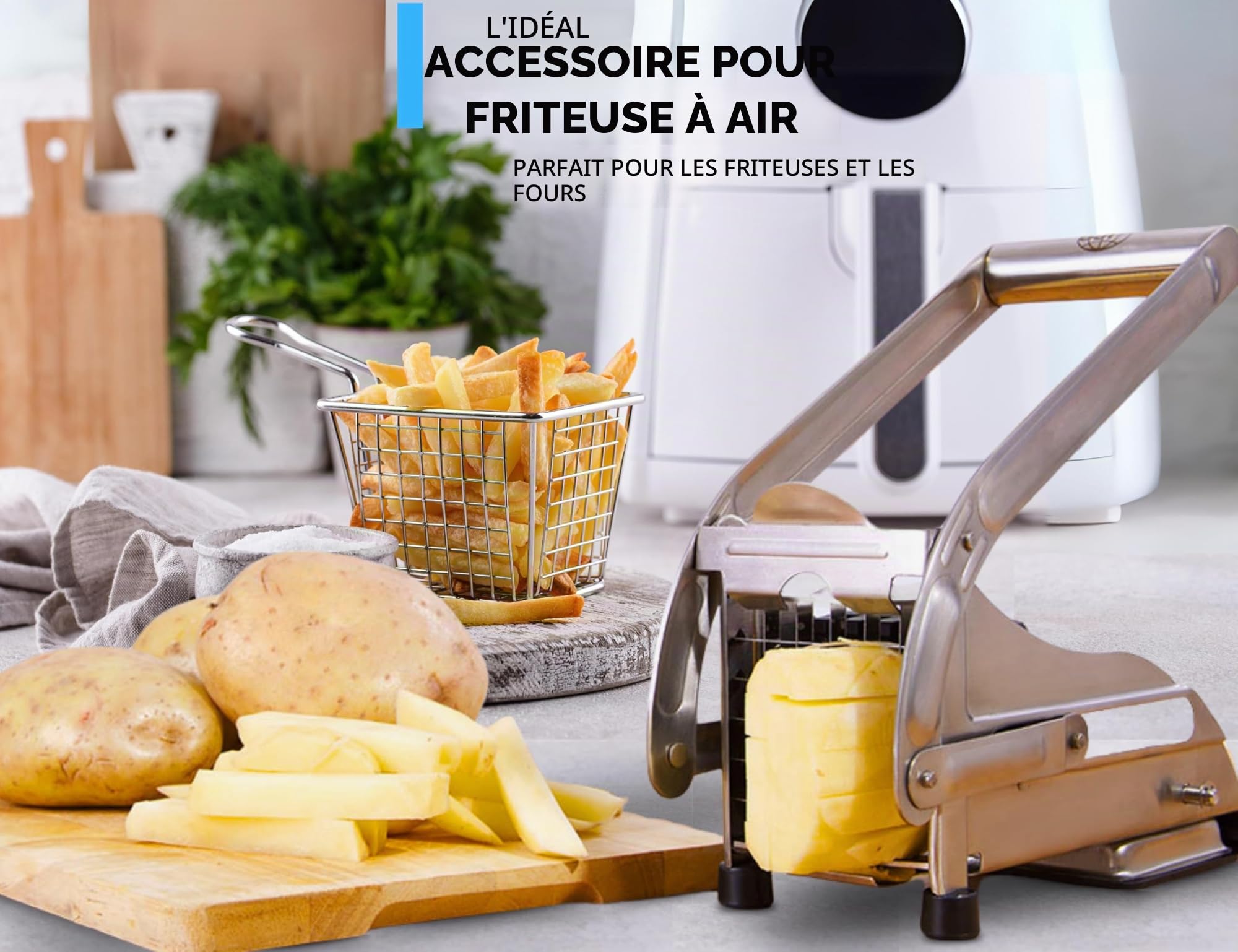 ICO Coupe Frites Manuel avec Deux lames Tranchantes En Acier Inoxydable, Coupe Frite Equipé d'une Base D'aspiration Sécurisée, Decoupe Frite Inox