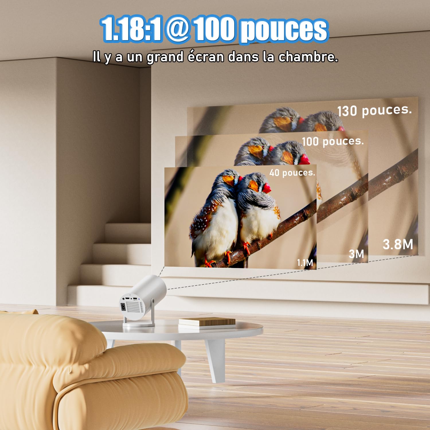 Mini projecteur portable Android 11 4K Ultra HD Smart 150" 5G WiFi6 BT5.4 rotatif 180° projecteur de film extérieur