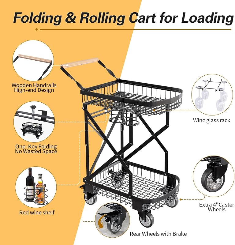 LACACIVIN 2-Tier Foldable Shopping Cart – Metal frame with reinforced steel base