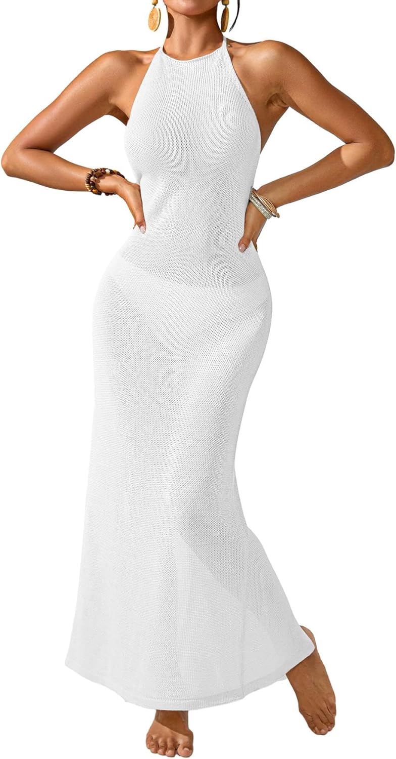 Womens Crochet Knit Slim Fit Beach Midi Wrap Dress Summer 2025 Sexy Halter Backless Slit Bathing Suit Cover Up