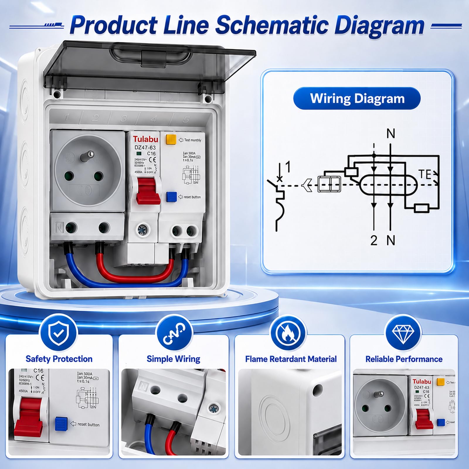 Centralino portafusibili parete IP65 con presa e RCD 16 A | Centralino portafusibili parete 1 fila con presa 16A e interruttore magnetotermico C16A 230 V, per uso interno ed esterno