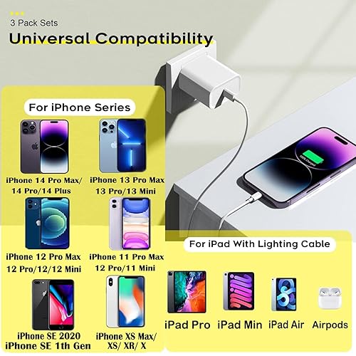 Miniatura 4 de Cargador rápido para iPhone 12, 13, 14, paquete de 3 cargadores de pared USB-C de Apple, cargador de pared súper rápido para iPhone certificado