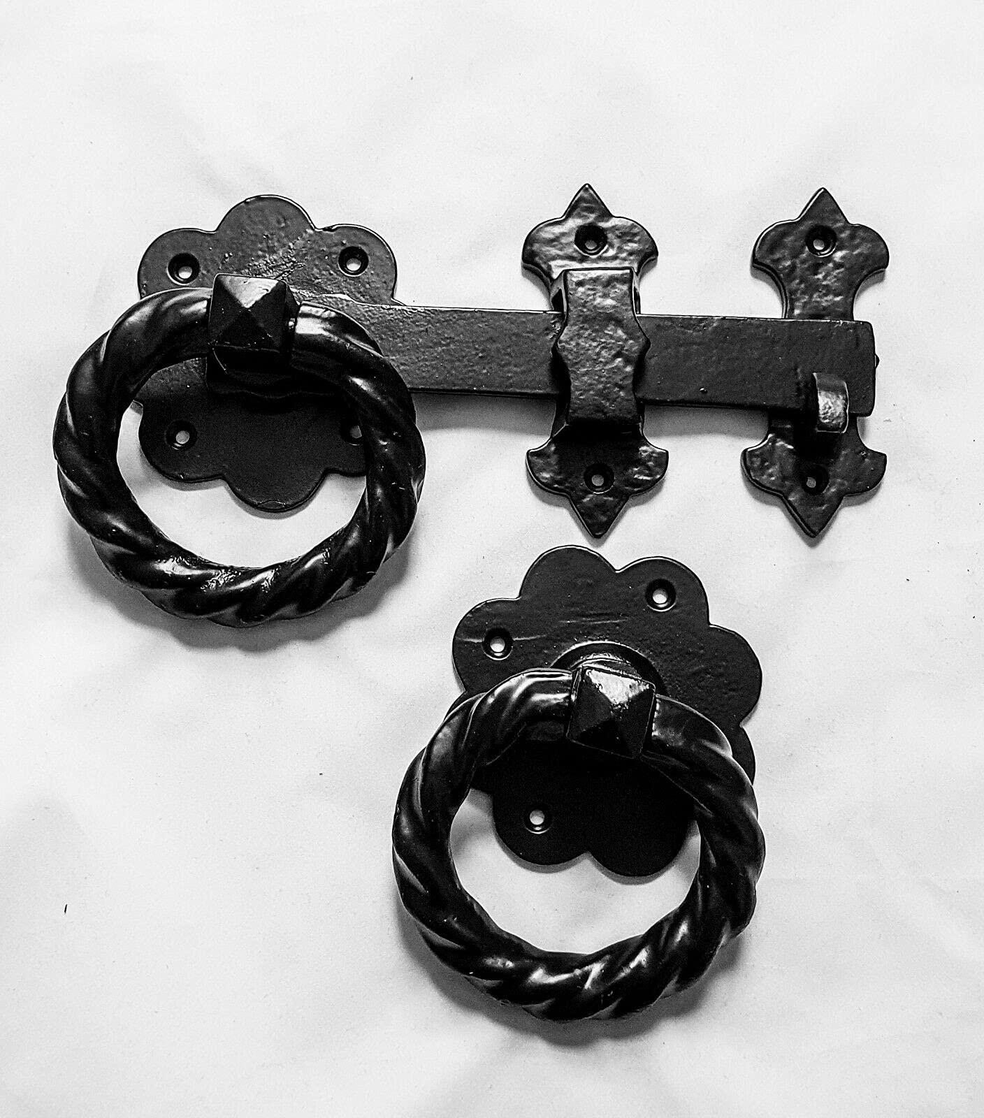 250mm 10" inch Heavy Duty Black Twisted Tudor Ring Handle Gate Latch Set, Suitable for Garden Gates, Fencing