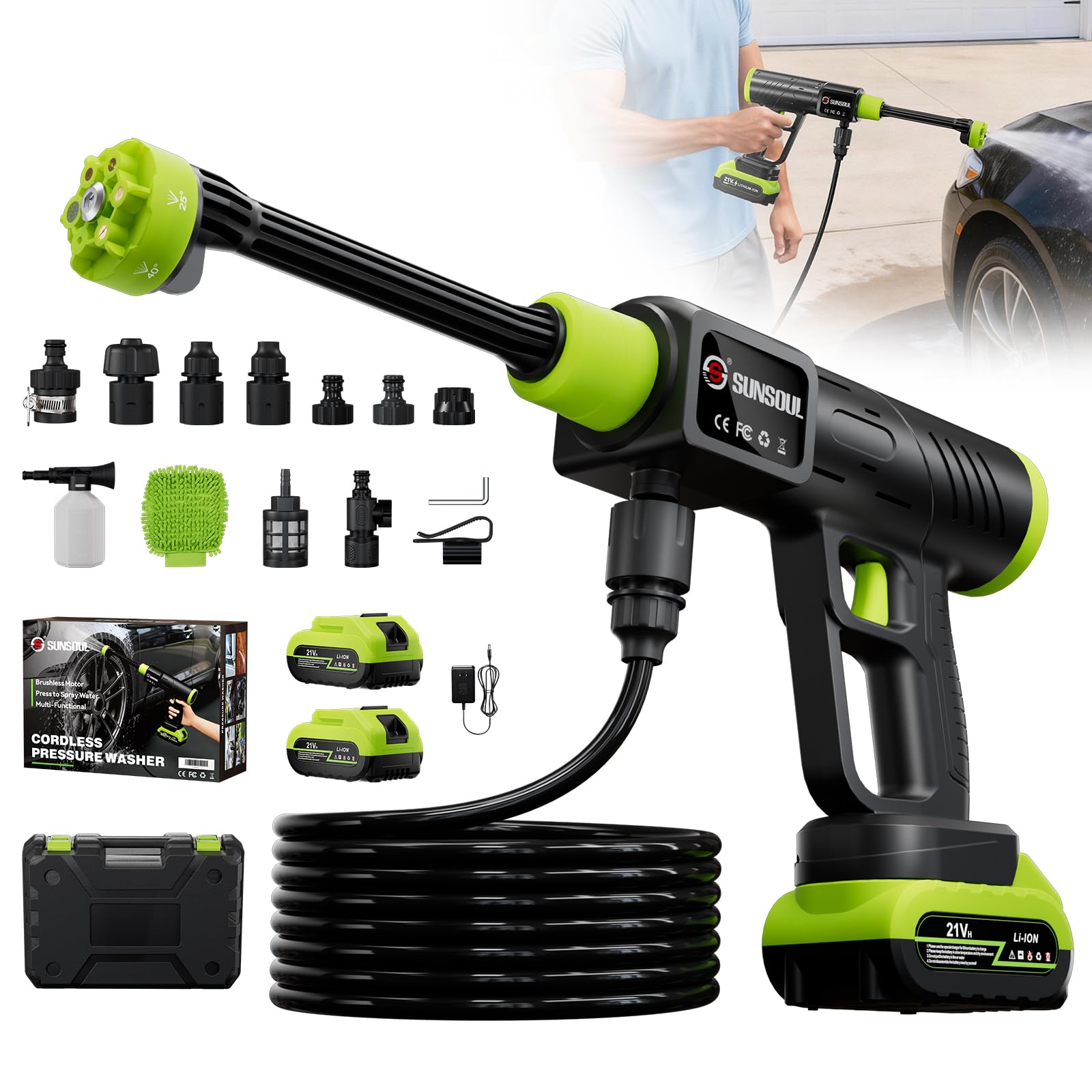 SUNSOUL Kabellose tragbare Autowaschanlage mit 2 Batterien, 30-stufig verstellbare Handwaschanlage mit 6-in-1-Düse & Schaumkanone, Bürstenloser Motor Leichte Unterlegscheibe mit 7M Schlauch für Haus