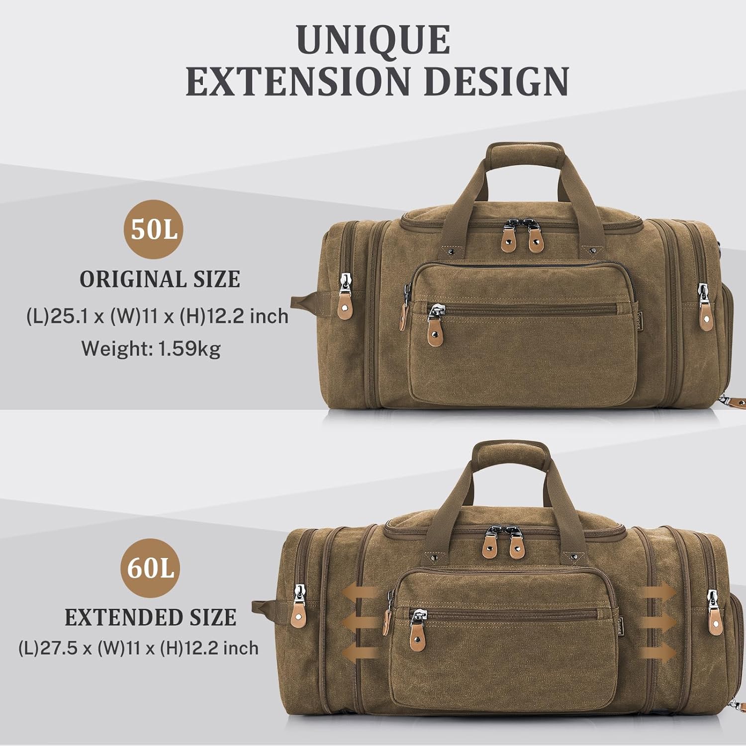 Gonex Canvas Duffle Bag 60L Travel Duffel Overnight Weekend Bag with Shoe Compartment (Coffee) - Image 4