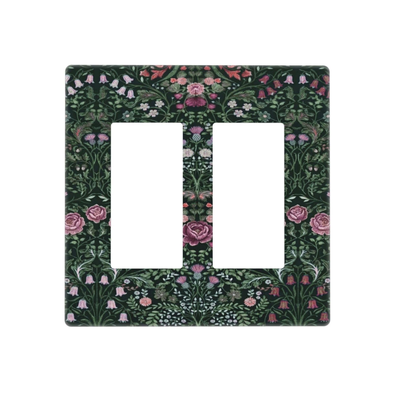 William Boho Floral Moris Flower Leaf Decorative 2 Gang Double GFCI Decorator Rocker Light Switch Cover Outlet Wall Plate Electrical Faceplate Screwless