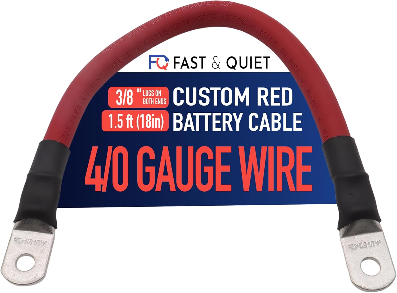 4/0 AWG Battery Cable with Terminals, Pure Copper Wire and Tin-Plated Copper Lugs, Auto, Solar Power Inverter, Welding, Golf Cart, Motorcycle (Red Wire, 1.5 FT (18 in), 3/8" Lugs on Both Ends, 1pc)