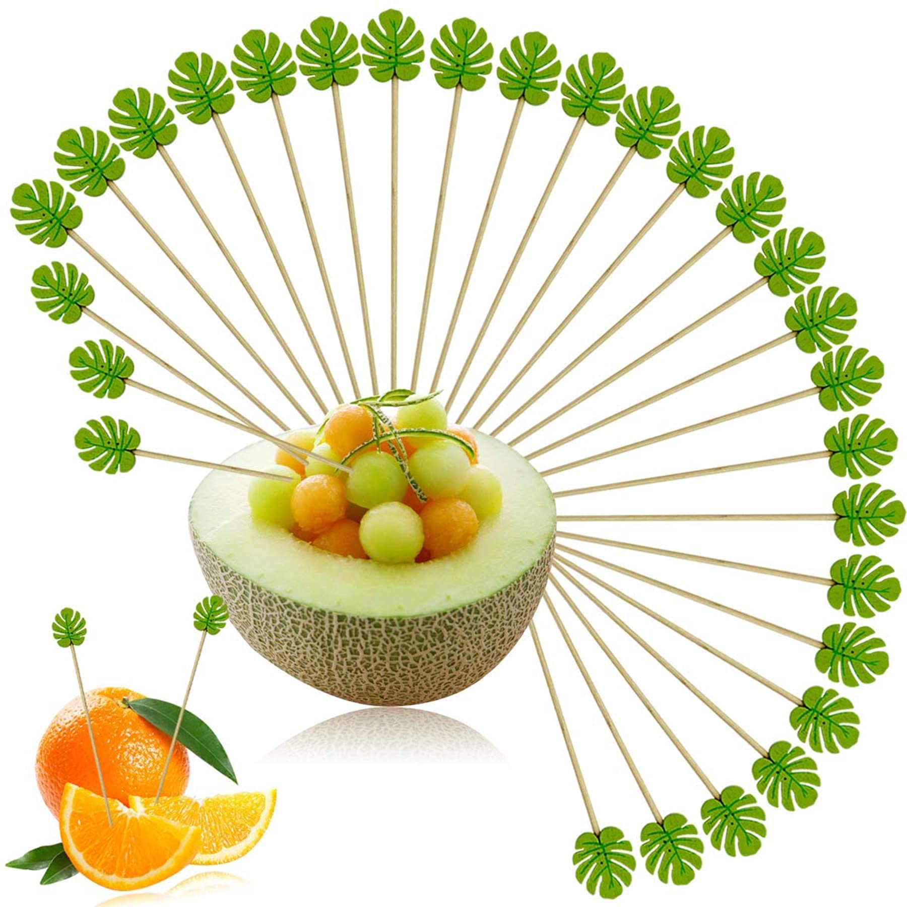 Fruit Toothpick, 100Pcs Handmade Bamboo Appetizer Wooden Decorative Sticks, Decorative Birthday Party Supplies, Reusable Fruit Food Drink Dessert Toothpick for Party BBQ Camping Picnic(Green Leaf)