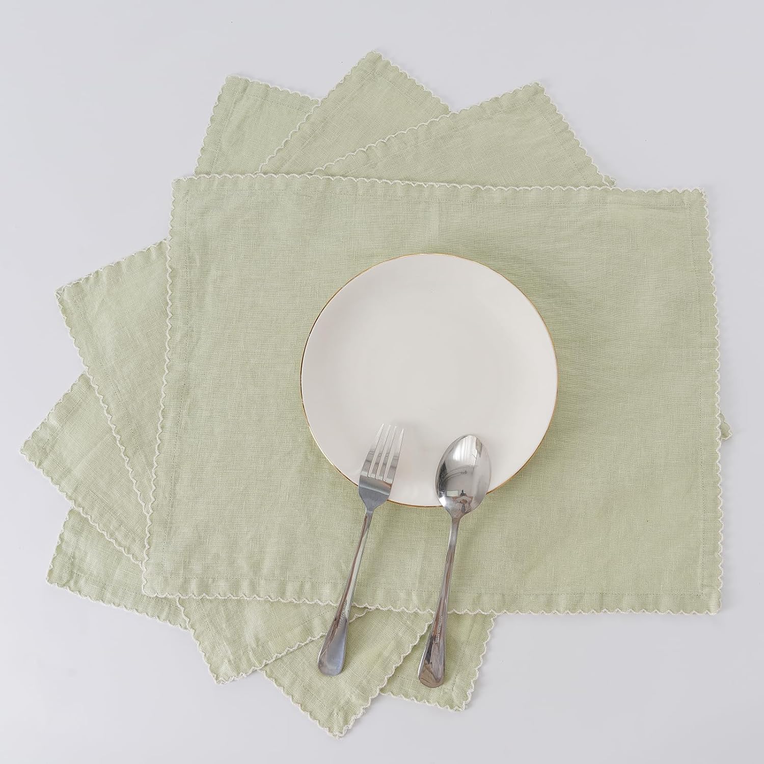 100% Pure Linen Placemats Set of 4 with Lace-14 x 19 Inch Dining Table Place Mat for Wedding, Parties, Everyday, Holidays, Indoor Outdoor (Green)