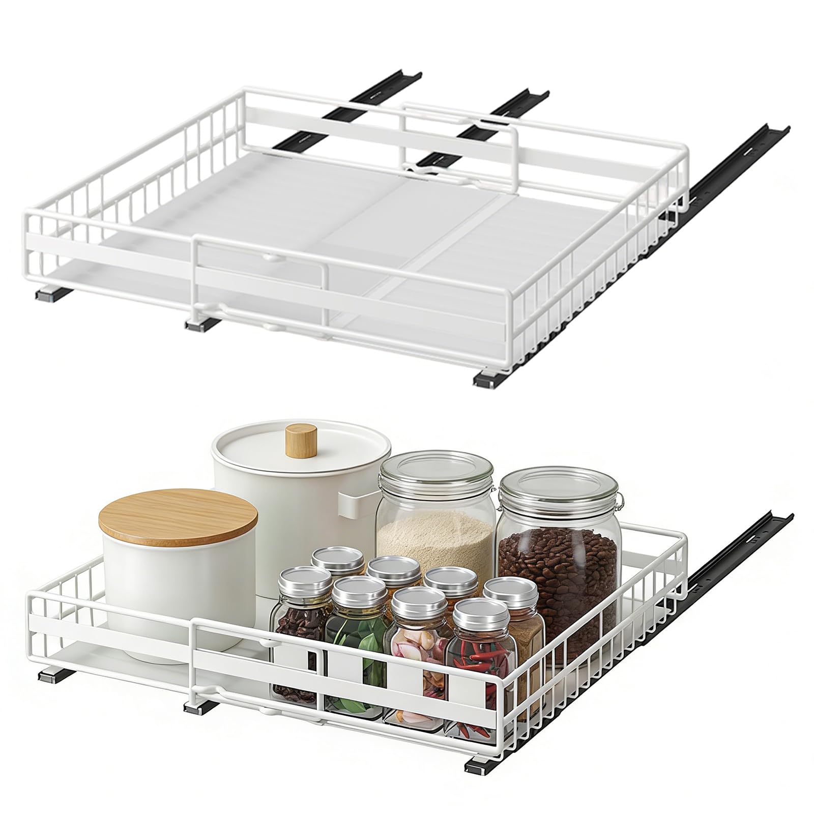 HUOLE Przechowywanie pod zlewem, organizer kuchenny, półka, uchwyt na przyprawy, metalowy przesuwny kosz do przechowywania, do kuchni, łazienki, sypialni (31-49 cm i 32-51 cm) biały)