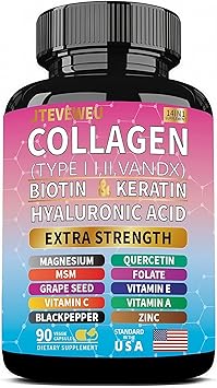 Collagen Supplement - Types I, II, III, V & X, MCG Biotin, Keratin, Hyaluronic Acid, Zinc, Grape Seed Extract, Quercetin, Vitamin A, Vitamin C, Vitamin E, Magnesium, Folic Acid90 Capsules