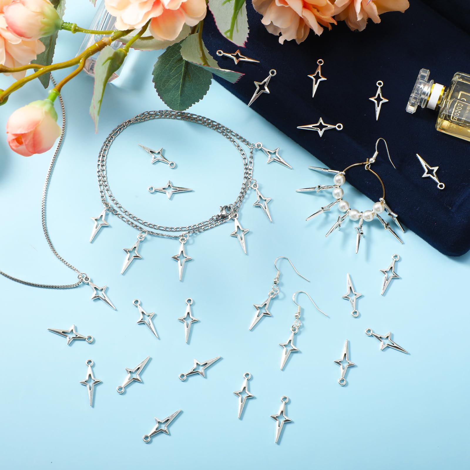 100 dijes de estrella plateada, dijes de estrella para hacer joyas, pequeños dijes de estrella hueca de metal de cuatro puntas para manualidades, pulseras, aretes, collares, colgantes 7