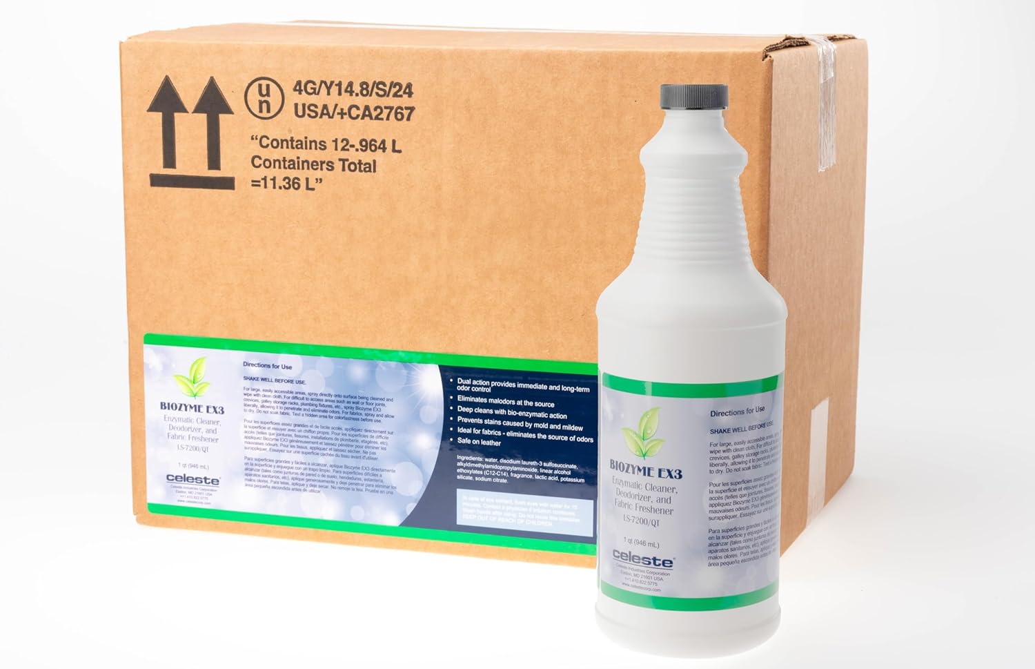 Celeste Biozyme EX3 LS-7200 Bio-Enzymatic Cleaner & Deodorizer (Case of 12 Quarts) | Digests Vomit, Urine & Organic Odors | NSF Certified & Hypoallergenic | For Aircraft & Transit Fabrics