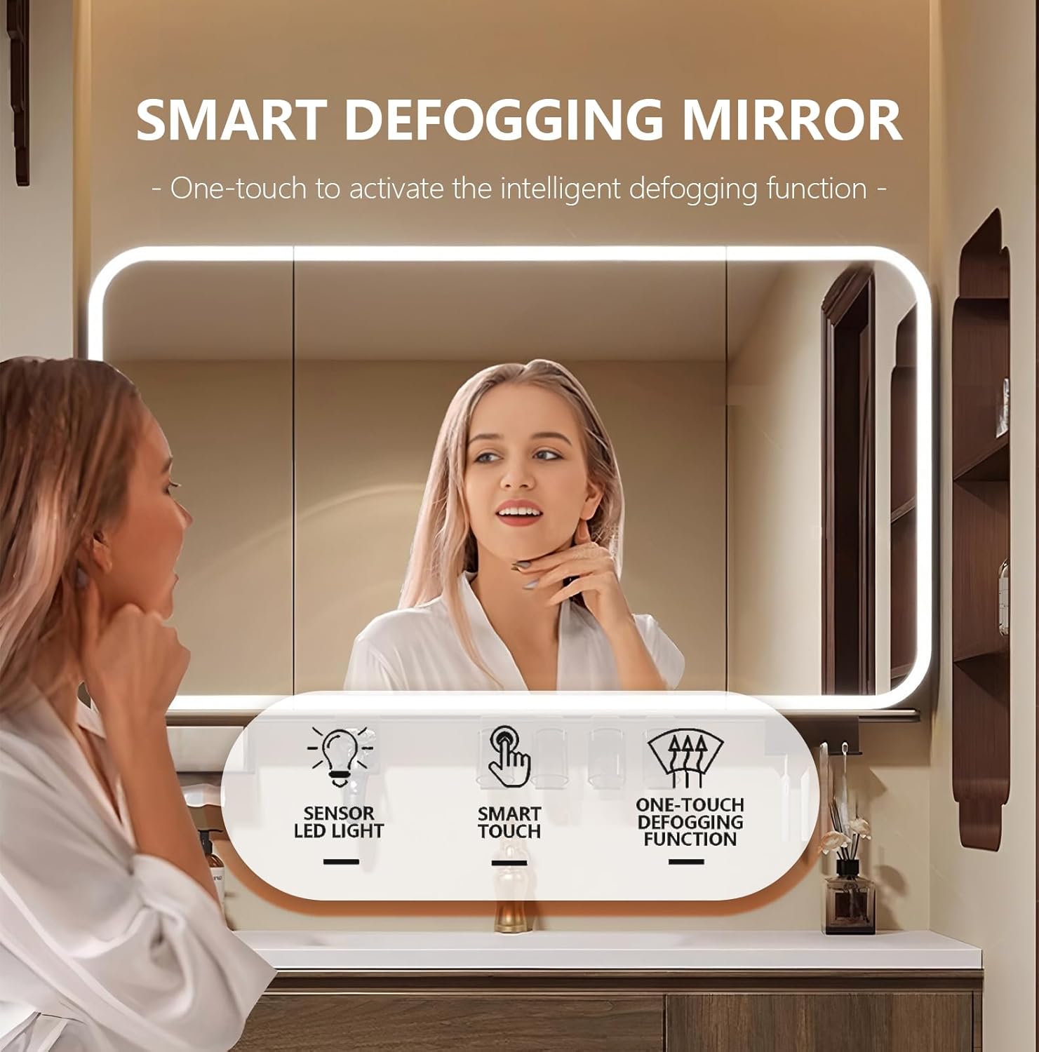 A woman looking into the LUTHXAY smart defogging mirror, with icons for sensor LED light, smart touch, and one-touch defogging function displayed below.