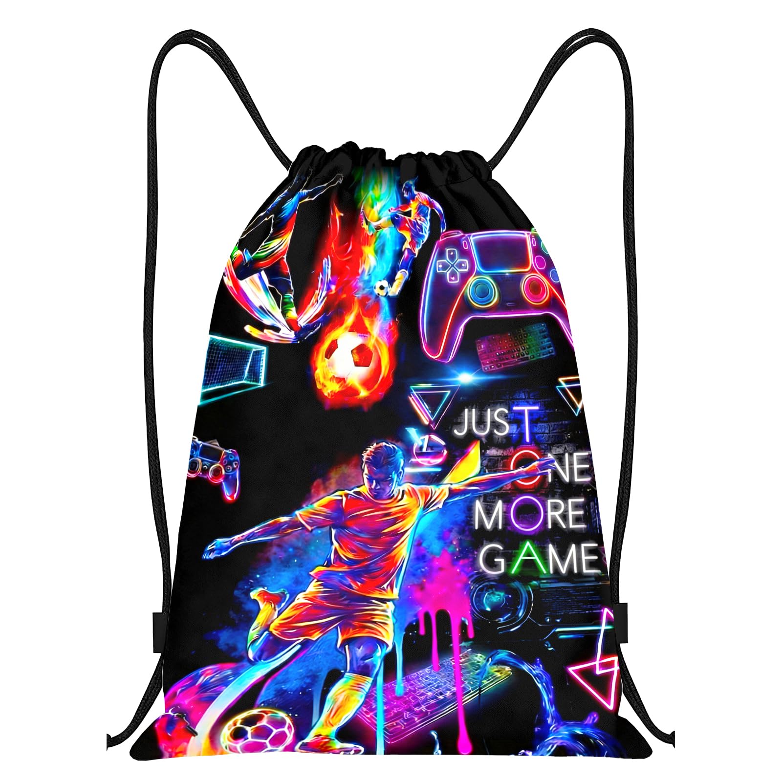 Gamer Drawstring Bag, Neon Football Boys Swimming Bag, Waterproof Gym String Backpack with Large Capacity, Portable Sports Backpack for School, Beach and Camping
