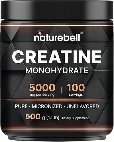 NatureBell Polvo de Monohidrato de Creatina Instantáneo 500 Gramos, 5000mg Por Porción, Polvo de Creatina Micronizado Sin Sabor - Pre Entrenamiento