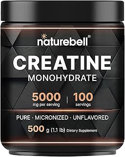 NatureBell Polvo de Monohidrato de Creatina Instantáneo 500 Gramos, 5000mg Por Porción, Polvo de Creatina Micronizado Sin Sabor - Pre Entrenamiento | Keto | Vegano | Se Disuelve Fácilmente | Sin