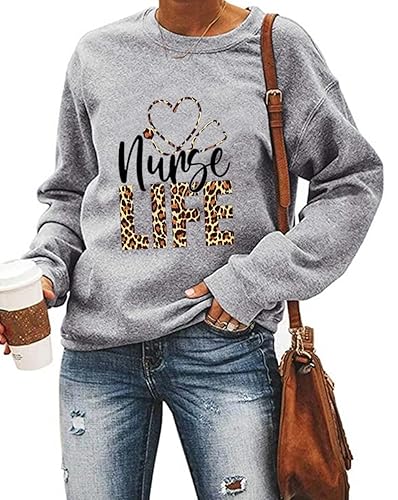 Nurse Life Sweatshirt for Women Funny Letter Print Stethoscope Graphic
