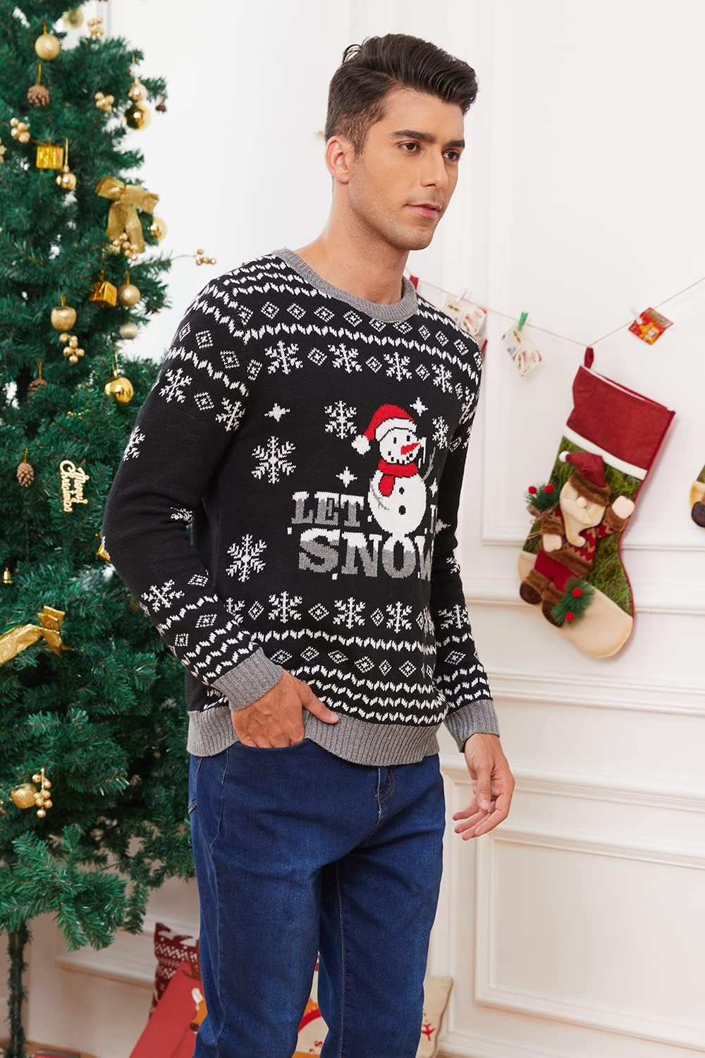VENTELAN Men's Ugly Christmas Sweater Funny Santa Xmas Crew Neck Sweaters