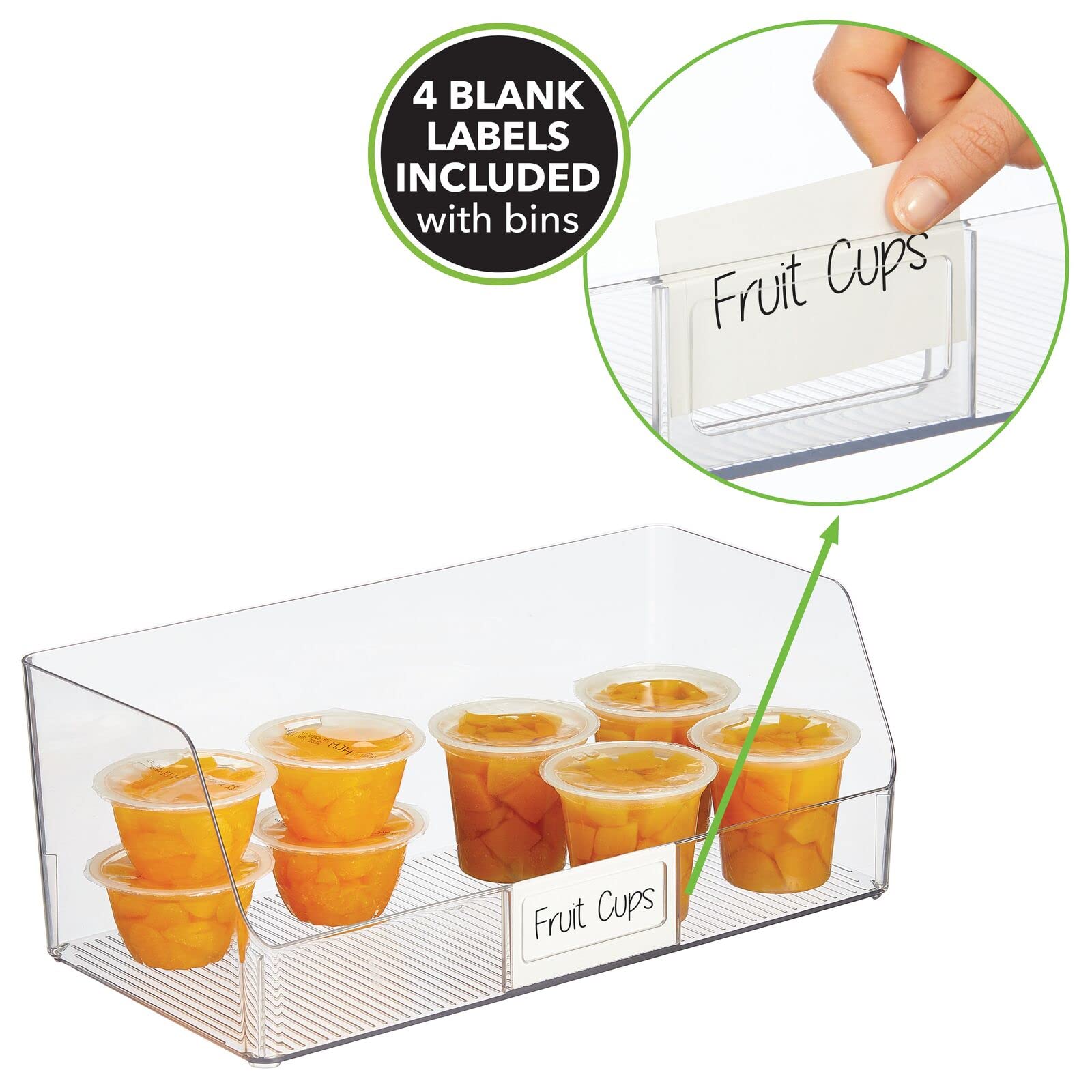 mDesign Wide Plastic Kitchen Food Storage Organizer Bin Basket with Open Front and Built-In Label Holder for Cabinets, Pantry - 15.38 Inch Width - 4 Pack - Clear