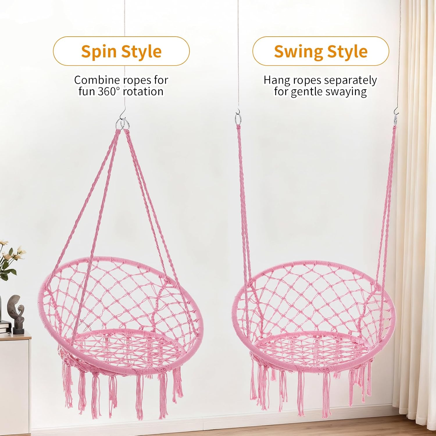 Garpans Hammock Chair Macrame Swing Bohemian Style Hammock Swing Chair with Tassels Hanging Swing Chair Handmade Knitted Cotton Rope for Indoor Outdoor Bedroom Patio Max 330 Lbs Pink