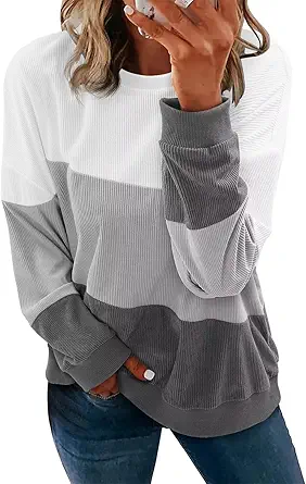 KISSMODA Womens Casual Long Sleeve Sweatshirts Color Block/Solid Tops Corduroy Crewneck Tunic Pullover with Pockets