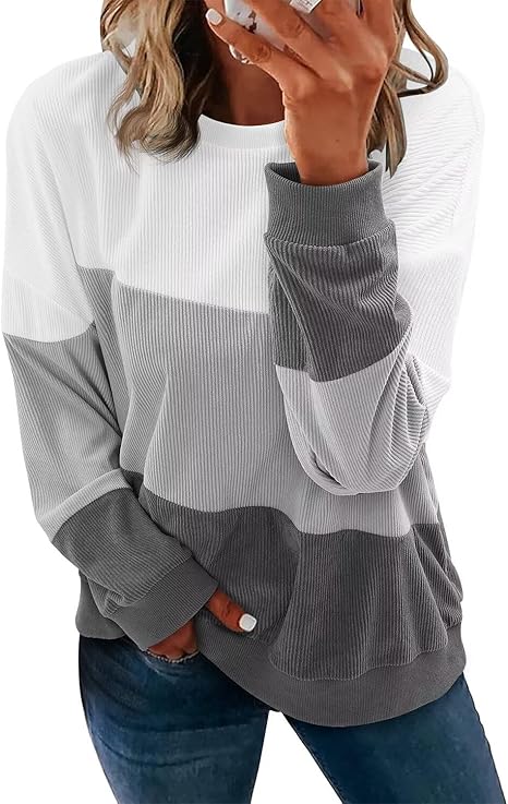 KISSMODA Womens Casual Long Sleeve Sweatshirts Color Block/Solid Tops Corduroy Crewneck Tunic Pullover with Pockets