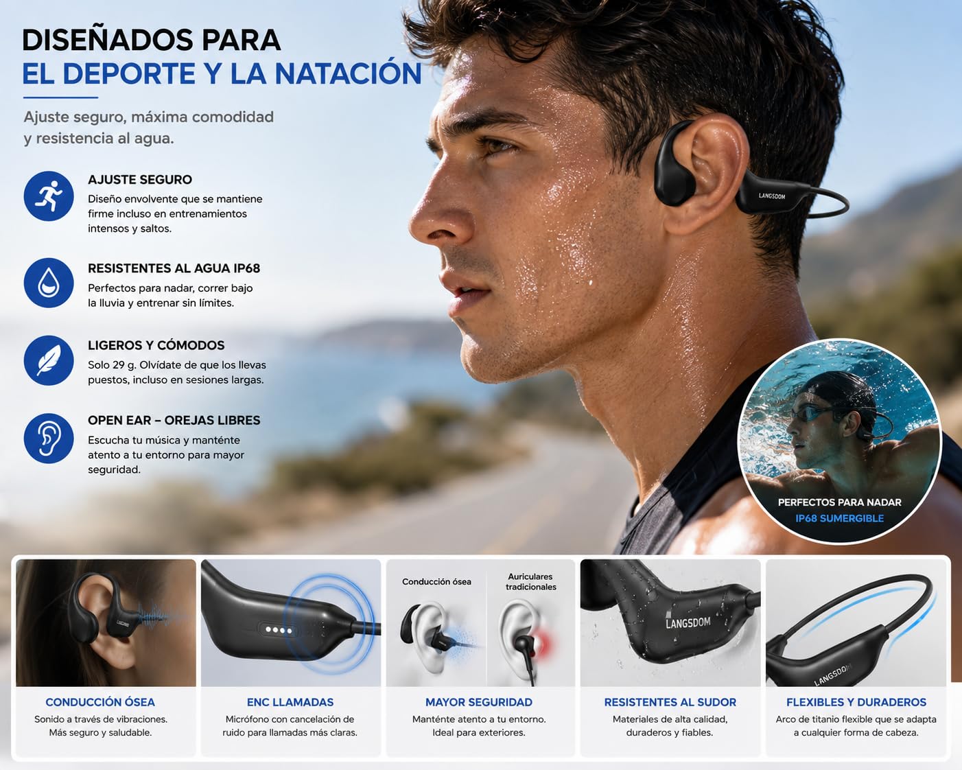 Auricolari a conduzione ossea subacquea, Bluetooth 5.4, IP68, 16, con memoria interna da 16 GB e microfono HD, 12 ore di autonomia, USB-C