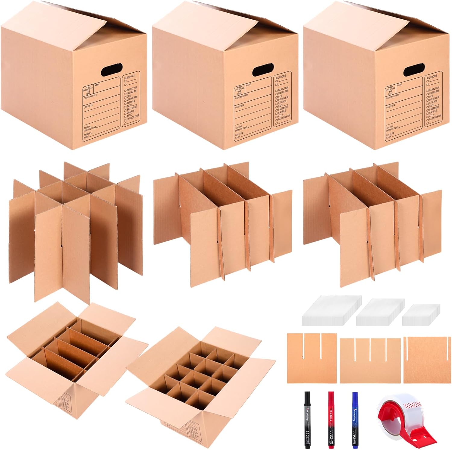 Maitys 12 Set Kitchen Moving Boxes with Handle Hole Kit, 16 x 12 x 13 Inch, Included Glassware Moving Divider Kits Foam Pouches Cup and Plate Box Tape Rolls for Kitchen Packing Transportation