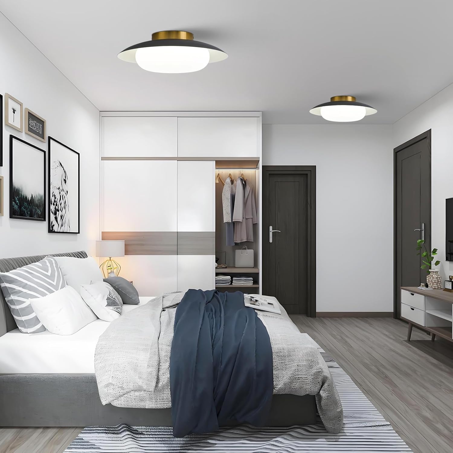 Modern LED Semi Flush Mount Ceiling Light Fixture,Round Matte Black and Gold Close to Ceiling Lamp Flushmount Lighting Fixtures for Kitchen Master Bedroom Living Room Entryway,5000K,15.74 inch