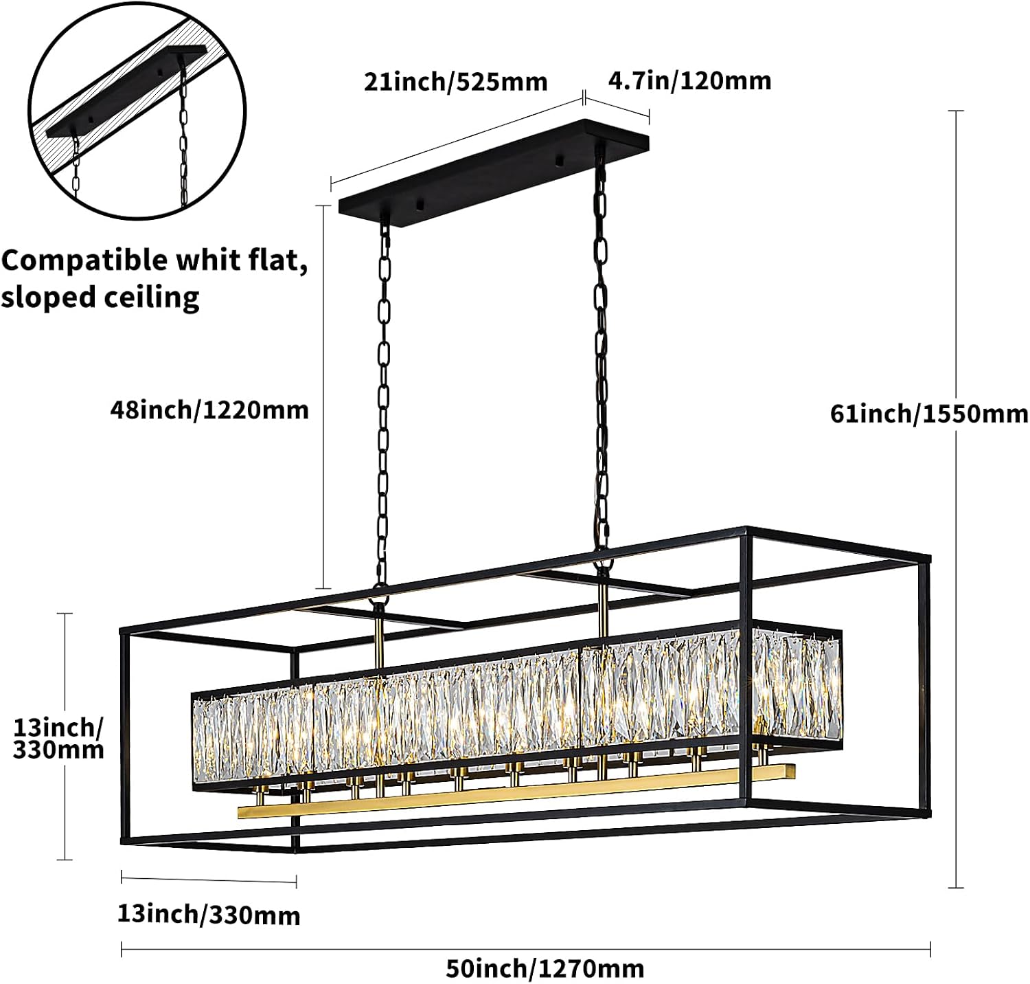 Vezzio Large Rectangular Crystal Chandelier 10 Lights Modern Farmhouse Rectangle Black Chandeliers Hanging Pendant Light Fixture for Dining Kitchen Island, L50 inch