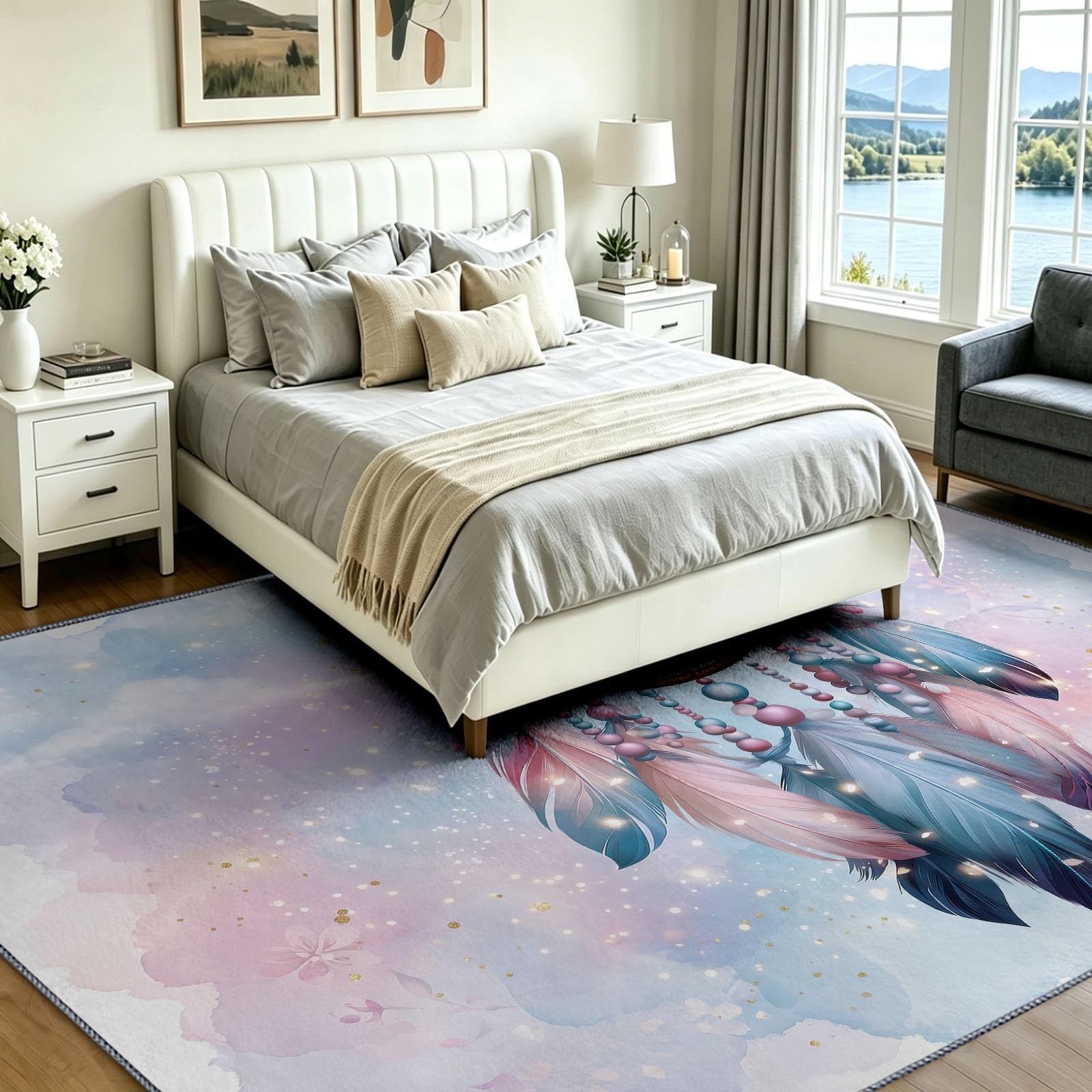 Generisch Teppich Wohnzimmer 120 x 180 cm Traumfänger Feder Kirschblüte Muster - Teppich für Wohnzimmer Küche Schlafzimmer Und Flur, Weich rutschfest Traumhaft Beruhigend Tepich Einfache Reinigung