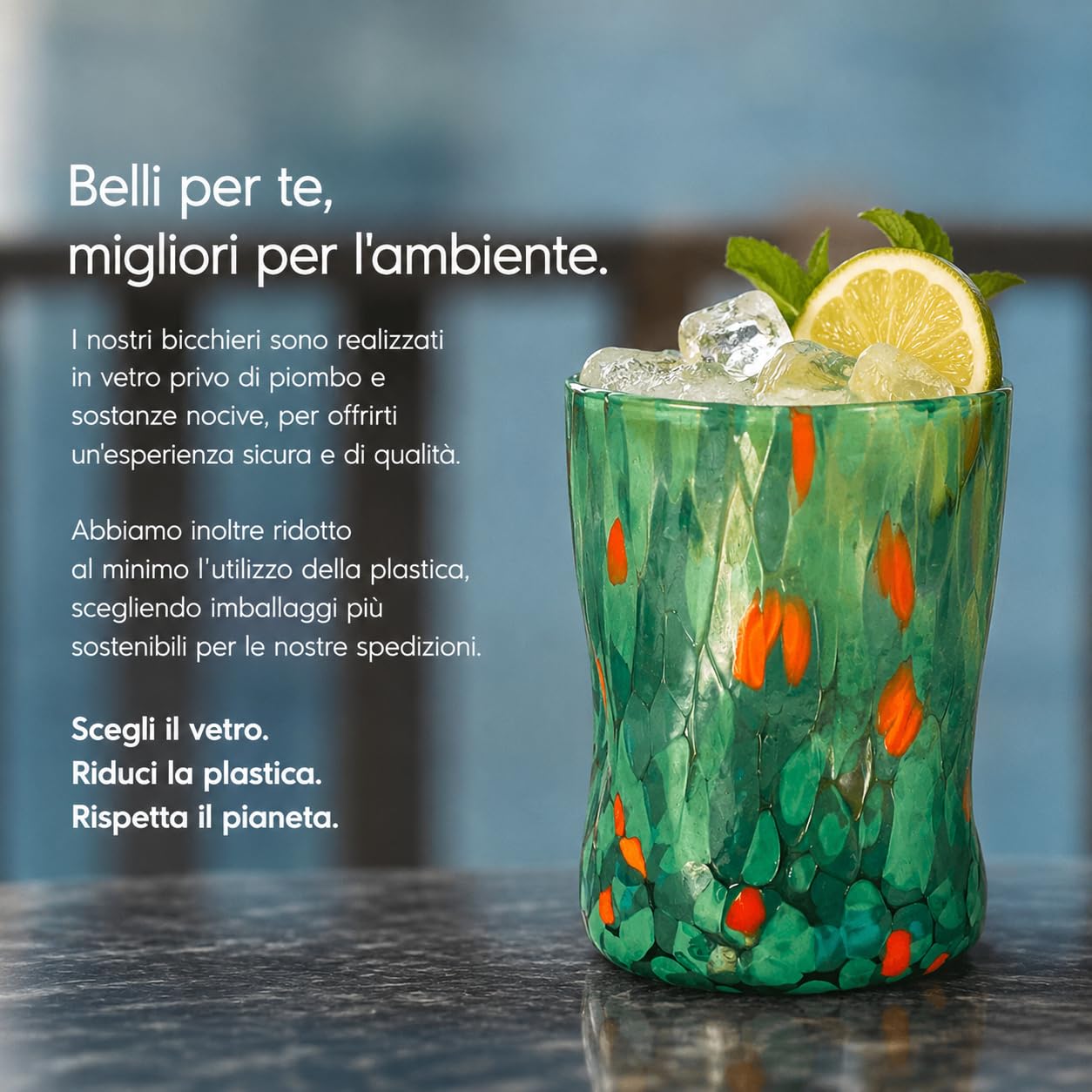 MAZZEGA ART & DESIGN - 6 Bicchieri in Vetro Soffiato, Lavorati a Mano con Graniglie colorate di Murano, Bicchieri Colorati per Acqua e Bibite, 395ml, h.12 cm. Made in Italy (6, MIX)