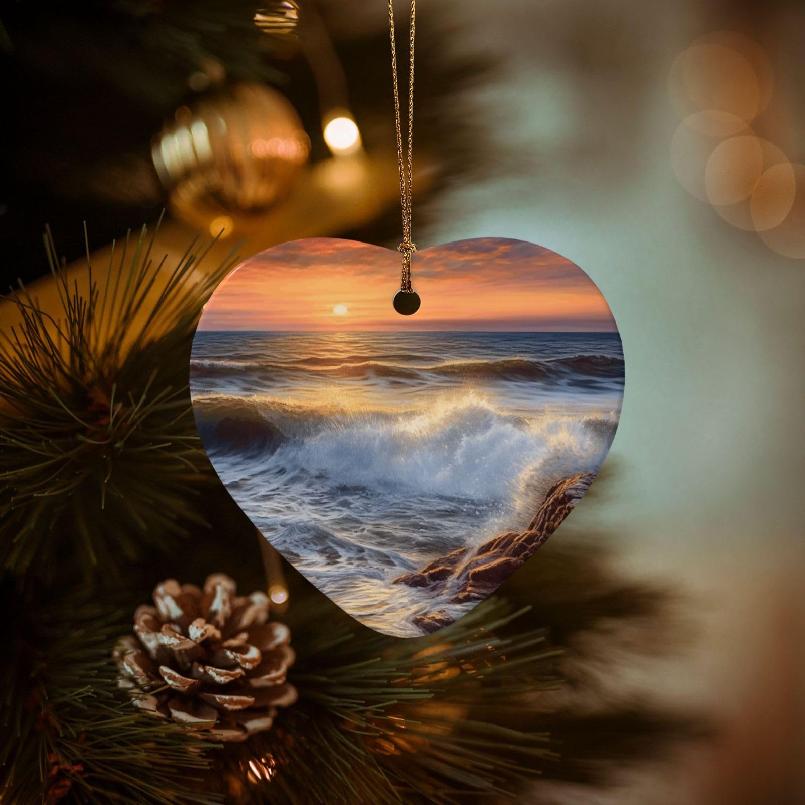 Christmas Tree Ornaments Ceramics Christmas Decorations Rocky Wave Sunset Painting Ornaments with Gold Ribbon Porcelain Xmas Tree Crafts Heart Shape Hanging Pendant for Christmas Tree Party Decor